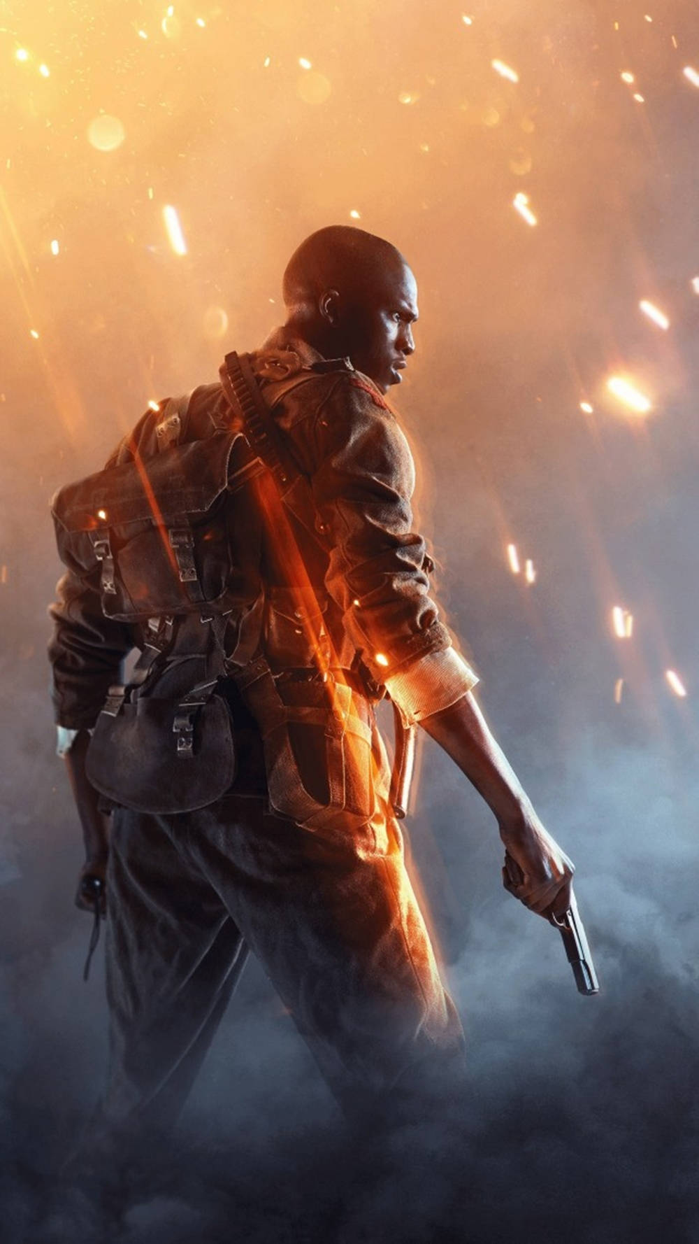 Battlefield 桌布 壁紙 — 一名身穿戰鬥裝備的士兵在金色光芒下，拔出手槍，穿過煙霧和火焰向前邁進。