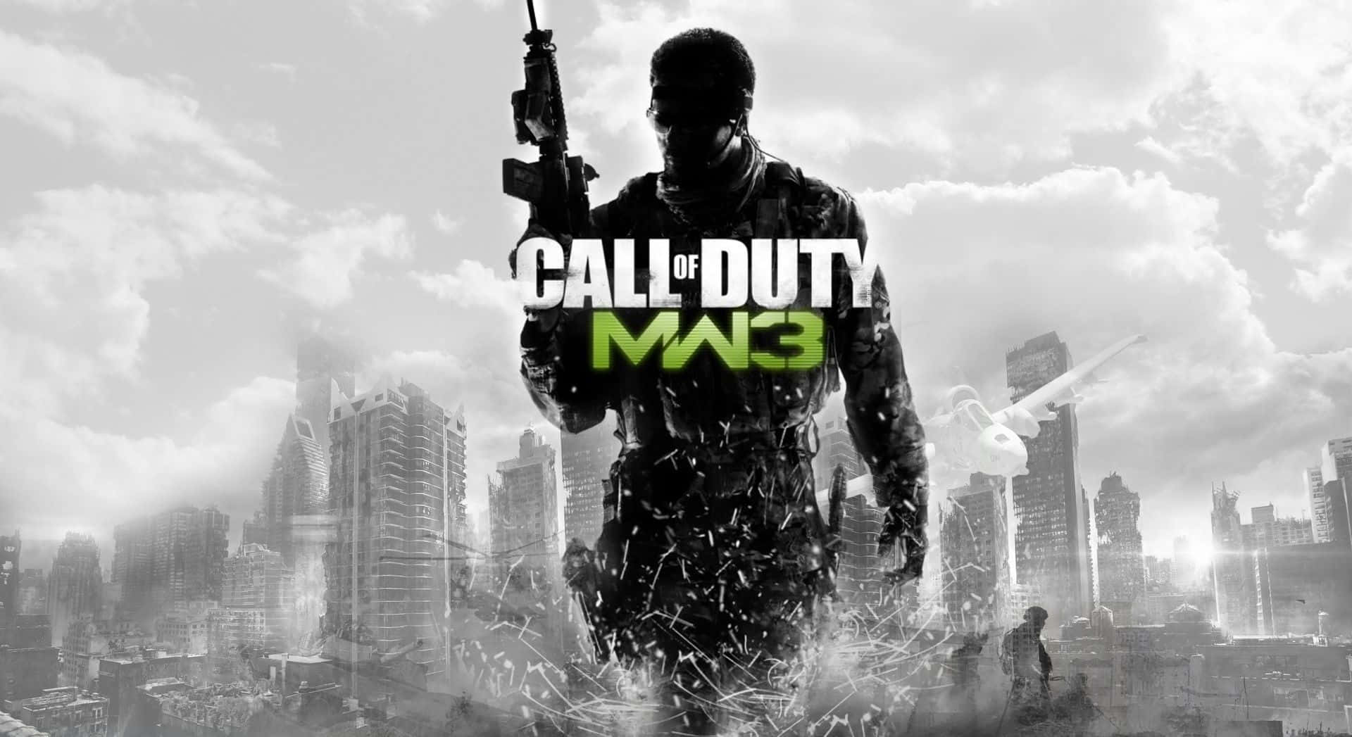 Cod 桌布 壁紙 — 一名身穿戰鬥裝備的士兵在陰天下的破碎城市景觀中挑釁地站立，並帶有Call of Duty MW3標誌。