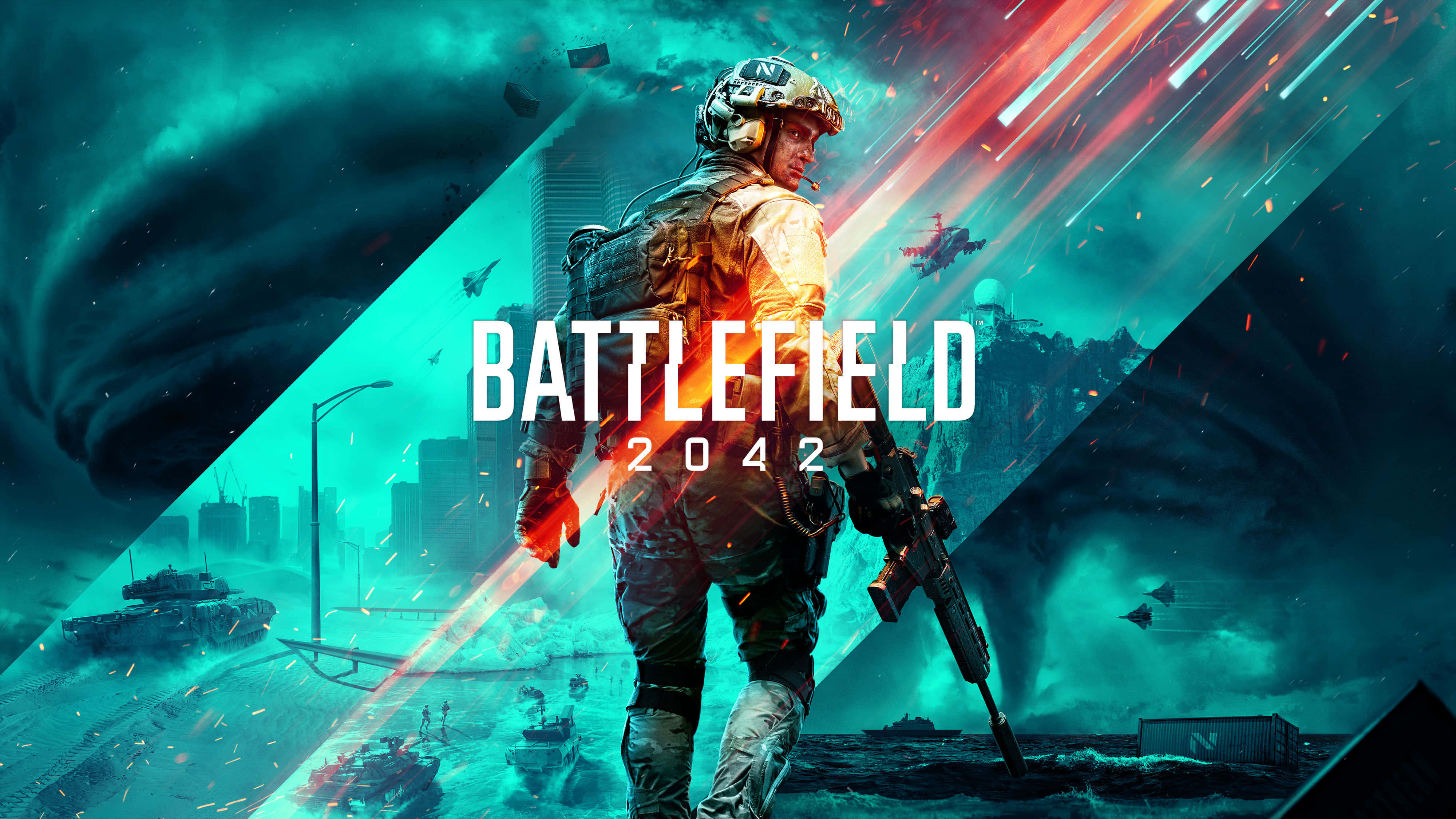 Battlefield 2042 桌布 壁紙 — 一名身穿戰鬥裝備的士兵在霓虹天空下，在充滿戰爭機器和爆炸的破碎未來城市景觀中挑釁地站立。