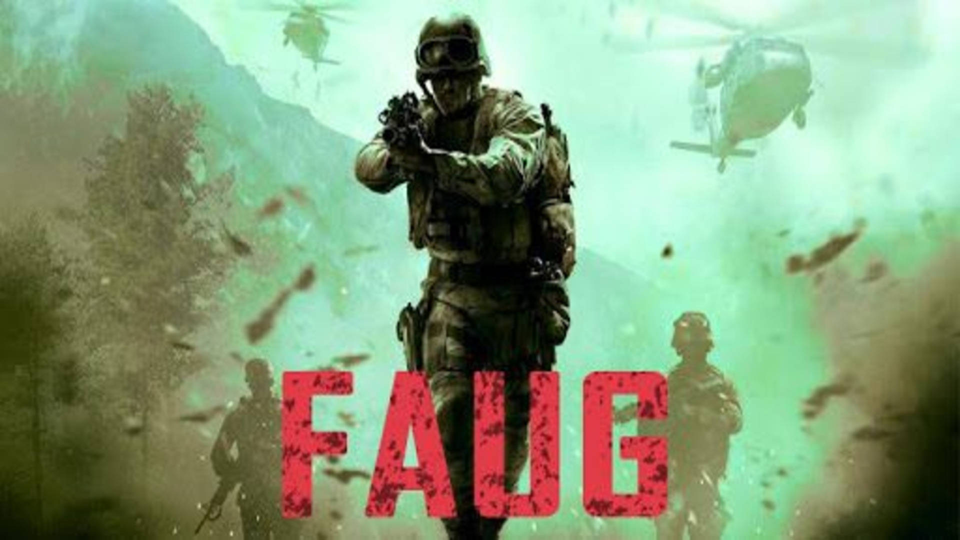 電玩遊戲 桌布 壁紙 — 一名身穿戰鬥裝備的士兵在霧氣瀰漫的綠色戰場上瞄準步槍，背景有直升機和其他士兵。