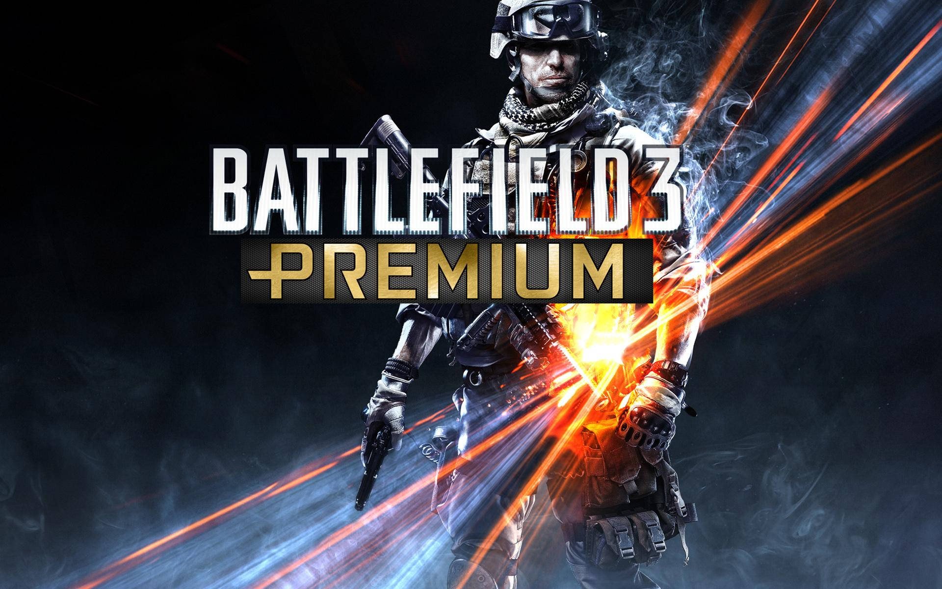 Battlefield 3 桌布 壁紙 — 一名身穿戰鬥裝備的士兵在黑暗煙霧背景中開火，武器射出明亮的橙色和藍色能量光束。