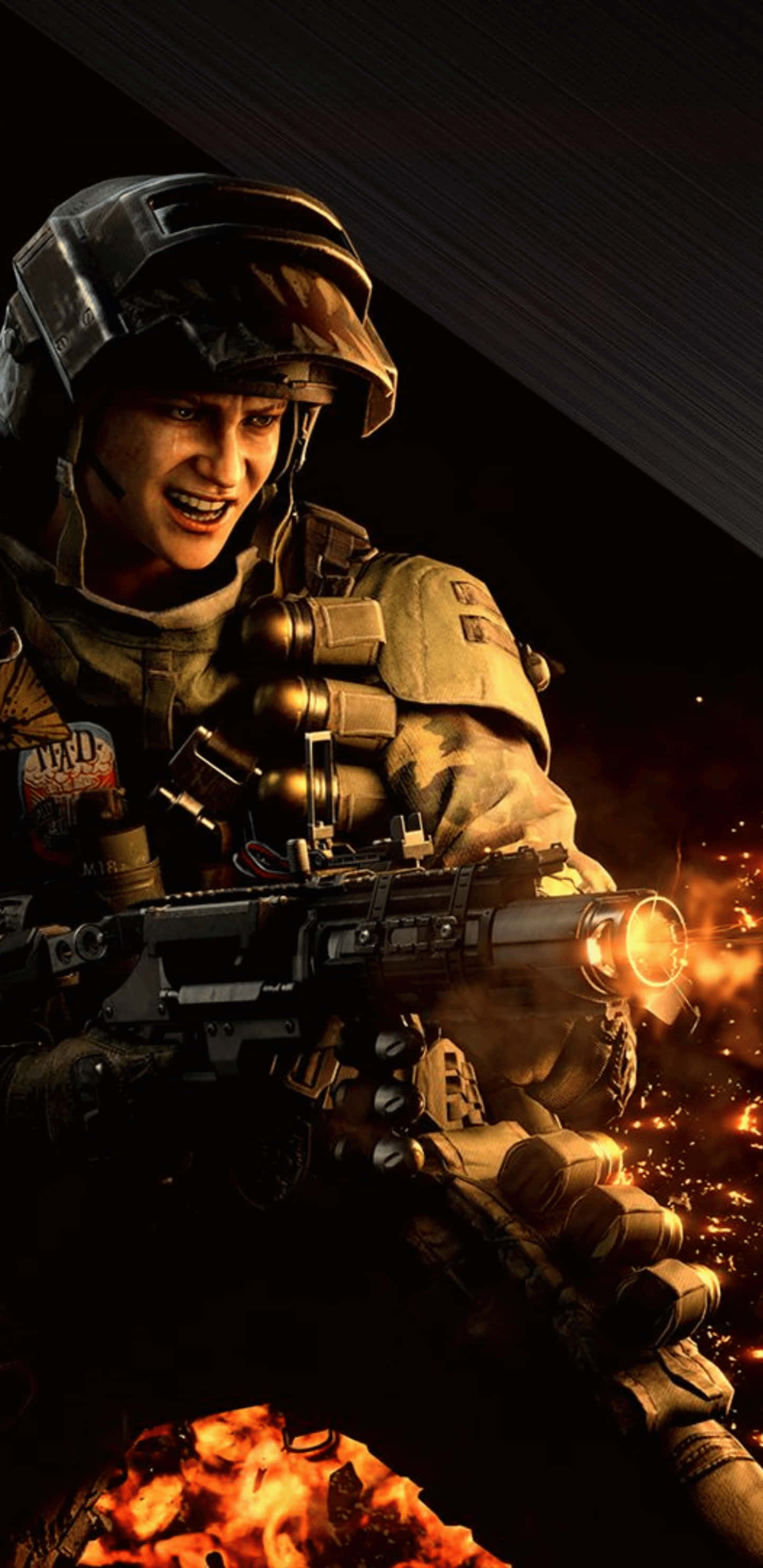 Pixel 3xl Call Of Duty Black Ops 4 桌布 壁紙 — 一名身穿戰鬥裝備的士兵在黑暗環境中開火，步槍槍口閃光，周圍火焰爆發。