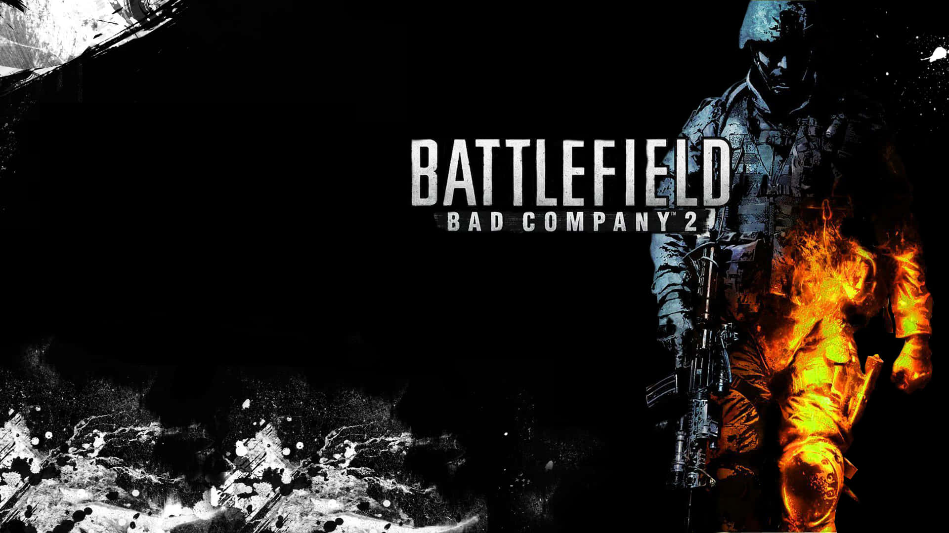 Battlefield 桌布 壁紙 — 一名身穿戰鬥裝備的士兵在黑暗粗糙的背景中，被火焰包圍，並帶有 Battlefield Bad Company 2 文字。