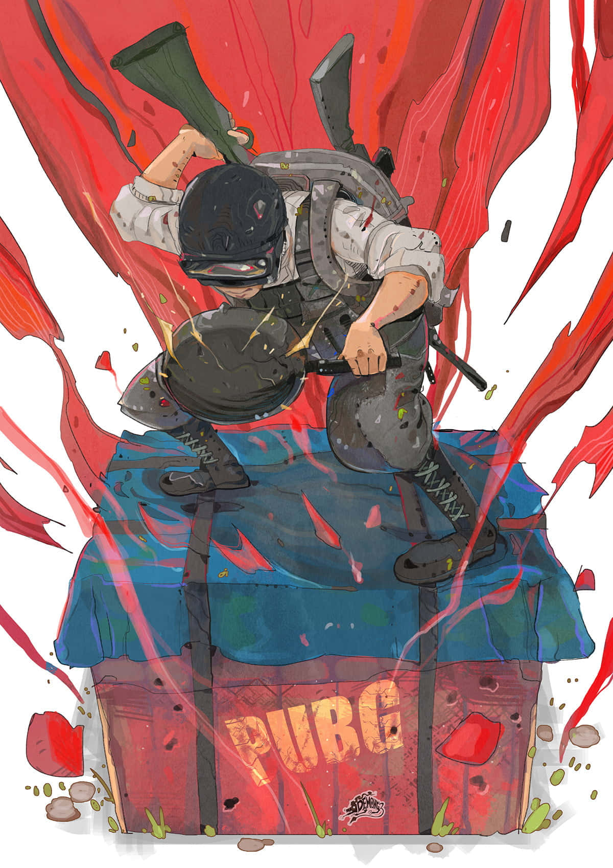 Best Playerunknown's Battlegrounds 桌布 壁紙 — 一名身穿戰鬥裝備的士兵從PUBG箱子中跳出，周圍是爆炸性的紅色能量條和碎片。