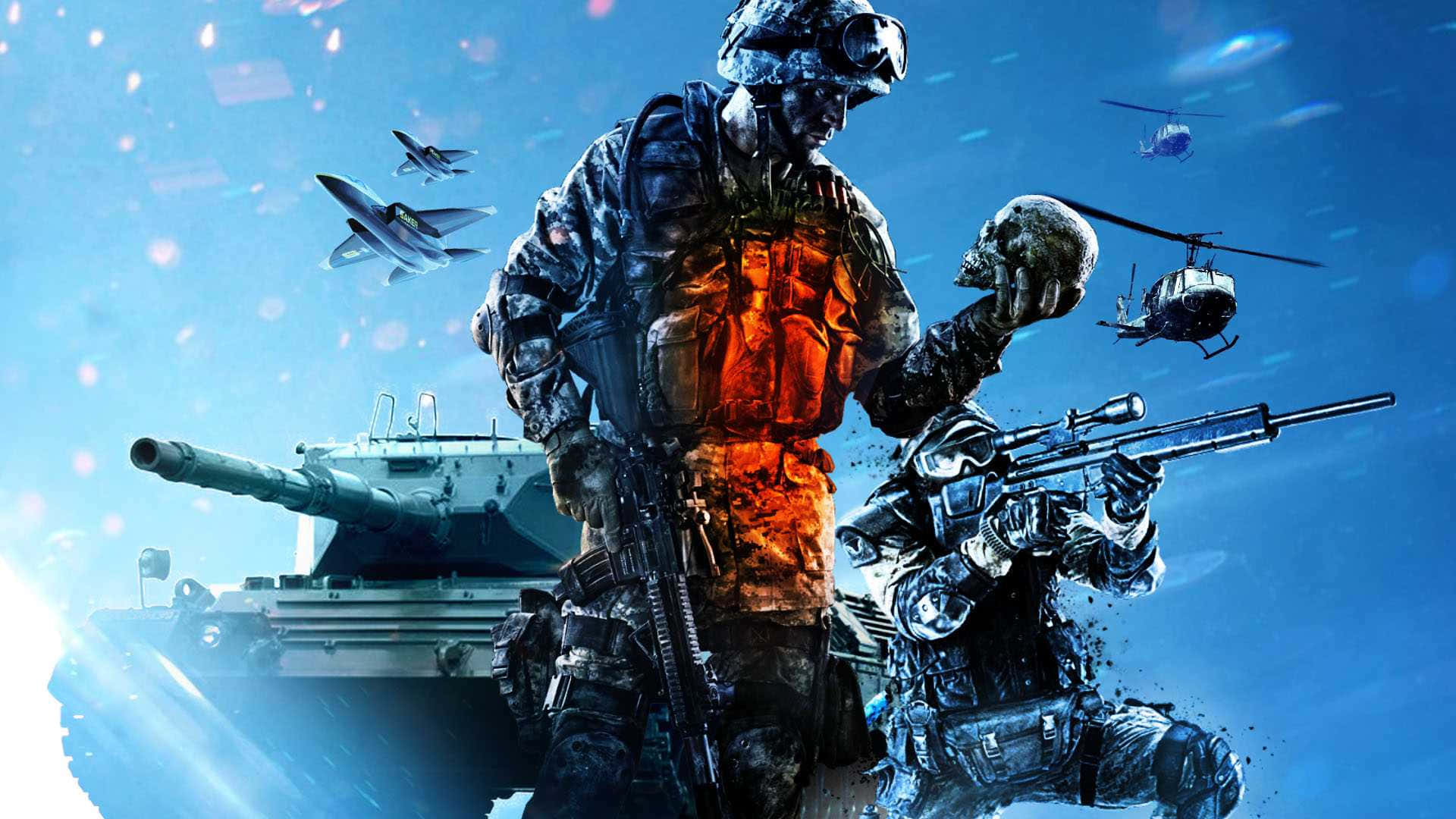Battlefield 桌布 壁紙 — 一名身穿戰鬥裝備的士兵手持頭骨，另一名士兵瞄準步槍，背景是坦克、噴射機和直升機，在明亮的藍天下。