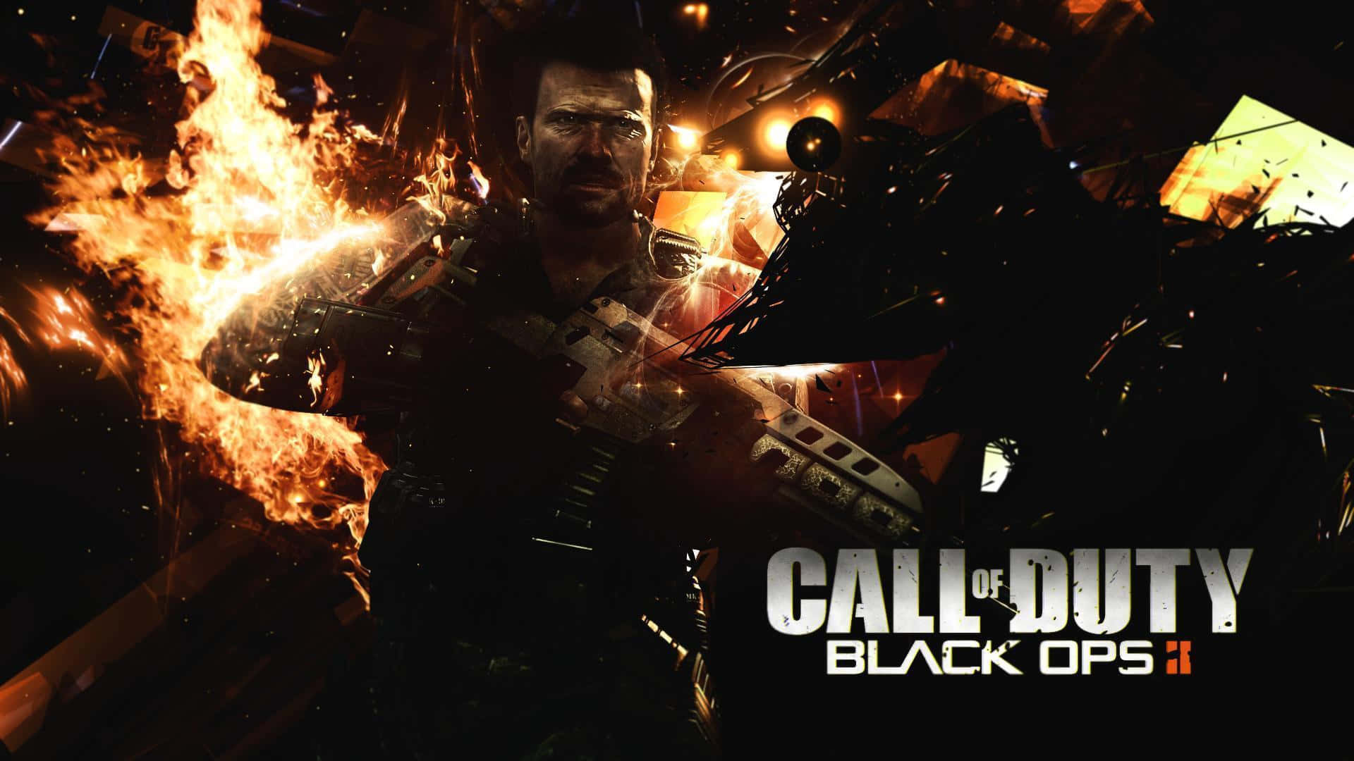 Black Ops 3 桌布 壁紙 — 一名身穿戰鬥裝備的士兵站在熾熱的爆炸和碎片中，帶有 Call of Duty Black Ops II 標誌。
