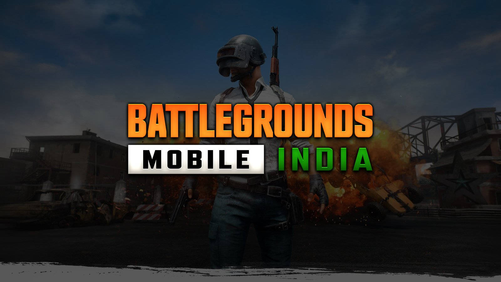 Bgmi 桌布 壁紙 — 一名身穿戰鬥裝備的士兵站在猛烈爆炸中，『BATTLEGROUNDS MOBILE INDIA』標誌疊加在戰火摧殘的城市背景上。