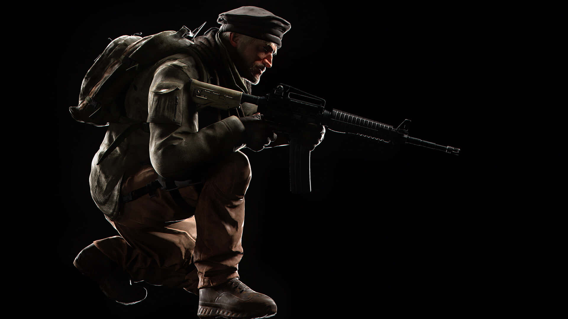 Rainbow Six Siege Maverick 桌布 壁紙 — 一名身穿戰鬥裝備的士兵蹲在陰影中，手持突擊步槍，燈光效果強烈。