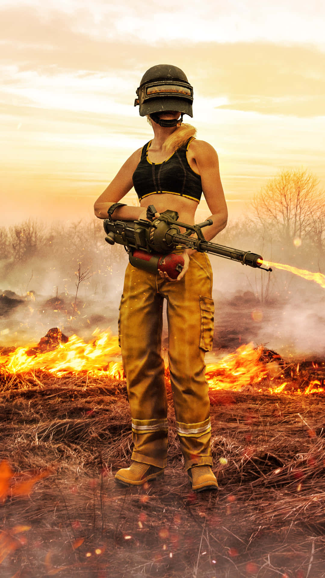 Pubg iPhone 桌布 壁紙 — 一名身穿戰鬥裝備的女兵在夕陽下燃燒的戰場上開火。