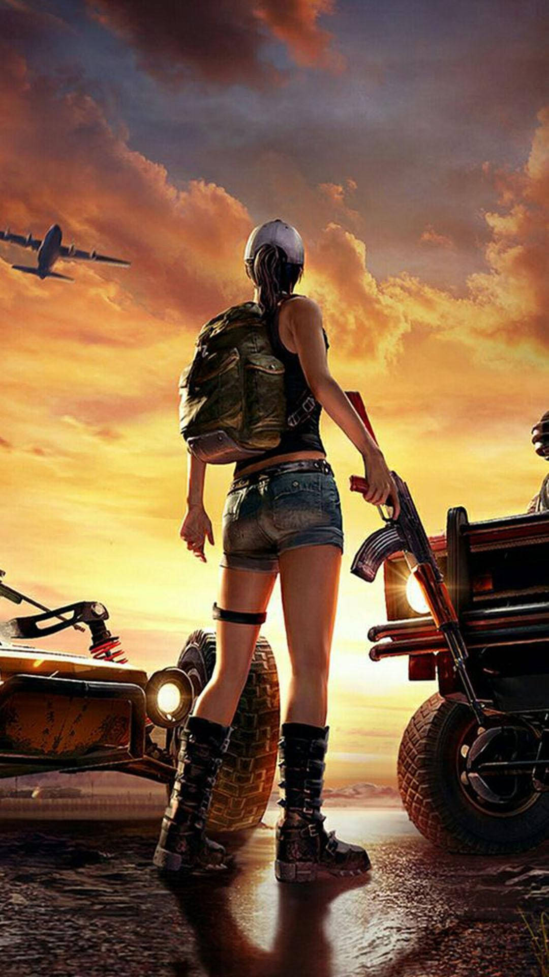 日落時分，女兵手持步槍站在車輛旁，頭頂有飛機 — PUBG 4K 壁紙 壁紙