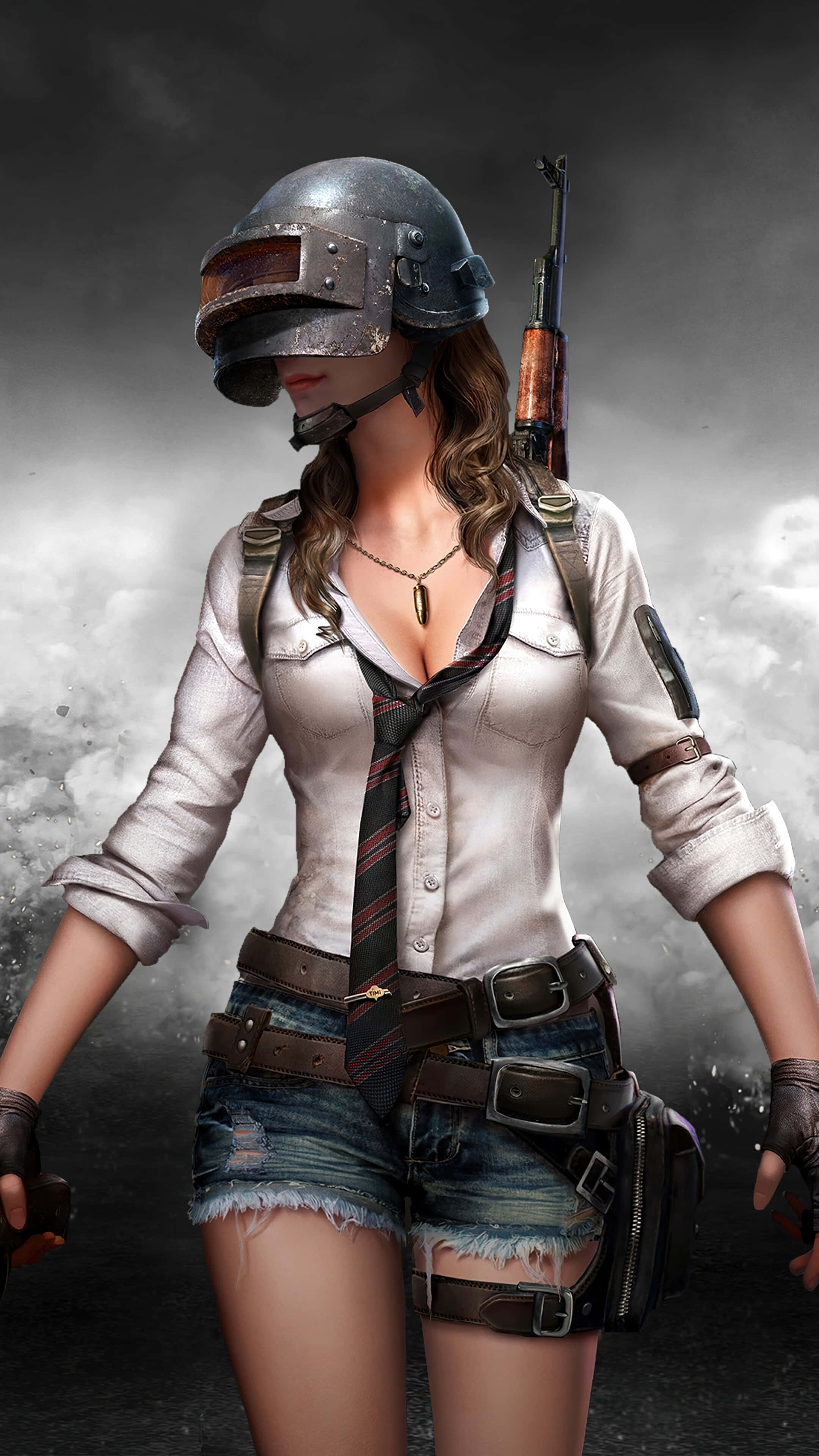 pubg mobile 桌布 壁紙 — 一名身穿戰鬥頭盔和戰術裝備的女兵，肩上扛著步槍，在暴風雨灰濛濛的天空下準備就緒。