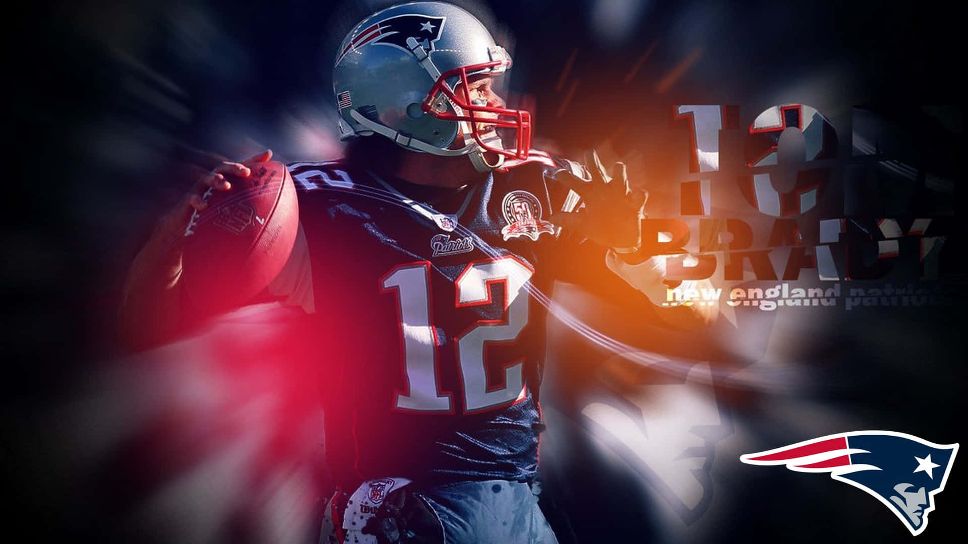Super Bowl 桌布 壁紙 — 一名身穿新英格蘭愛國者隊12號球衣的美式足球員，在黑暗背景中手持足球，伴隨著發光的紅色和橙色燈光效果。