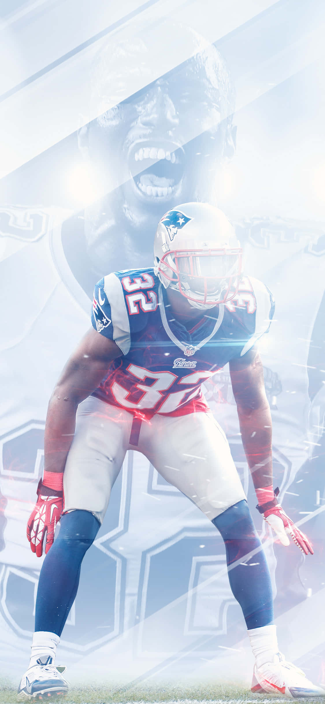 Devin Mccourty 桌布 壁紙 — 一名身穿新英格蘭愛國者隊裝備的足球運動員以動態姿勢蹲下，身後有他臉部的幽靈般雙重曝光。