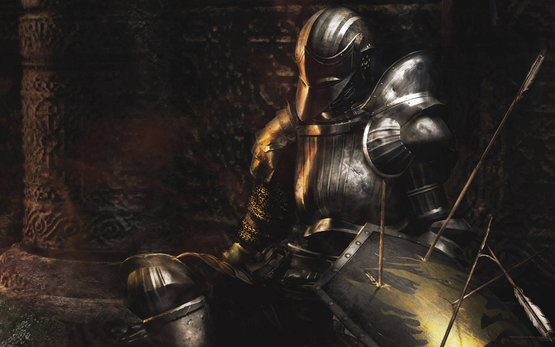 dark souls 4K 桌布 壁紙 — 一名身穿暗沉銀色盔甲的騎士癱坐在昏暗地牢的石柱旁，箭矢刺穿了他的盾牌。