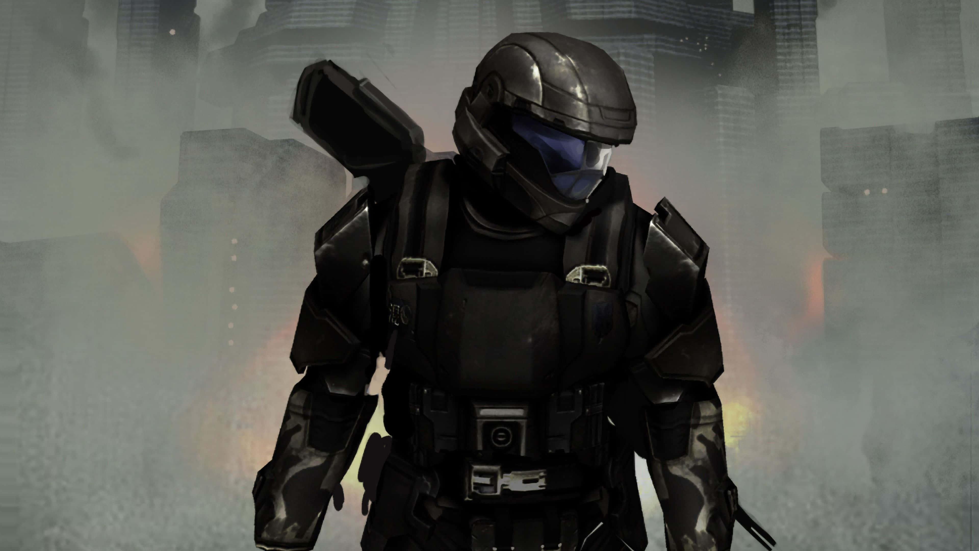 Halo Odst 4K 桌布 壁紙 — 一名身穿暗色未來裝甲的士兵站在煙霧瀰漫的廢墟城市景觀中，背景有發光的橙色火焰。