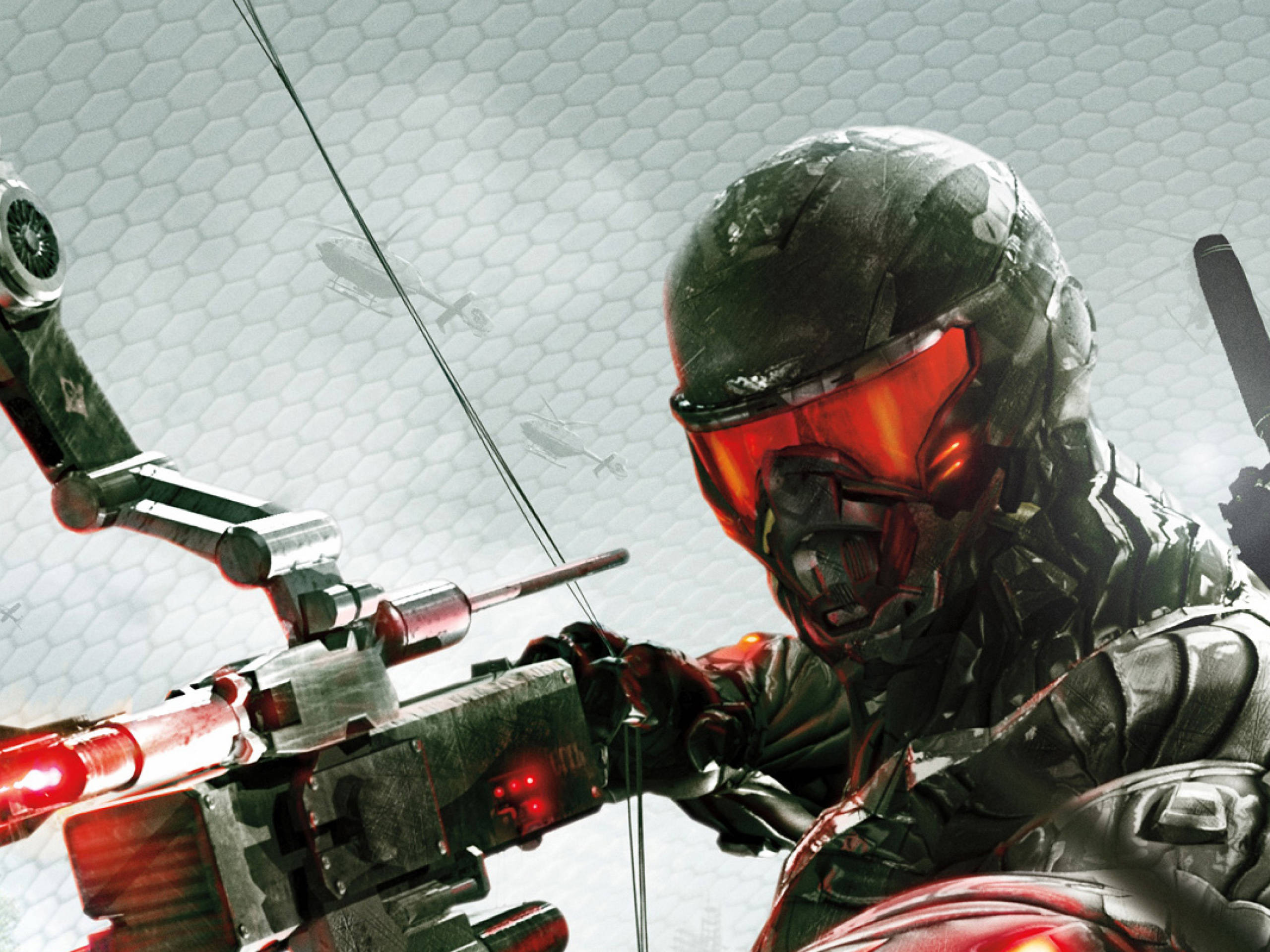 Crysis 3 桌布 壁紙 — 一名身穿暗色盔甲、帶有發光紅色護目鏡的未來戰士，正瞄準一把高科技弓，背景為六邊形圖案。