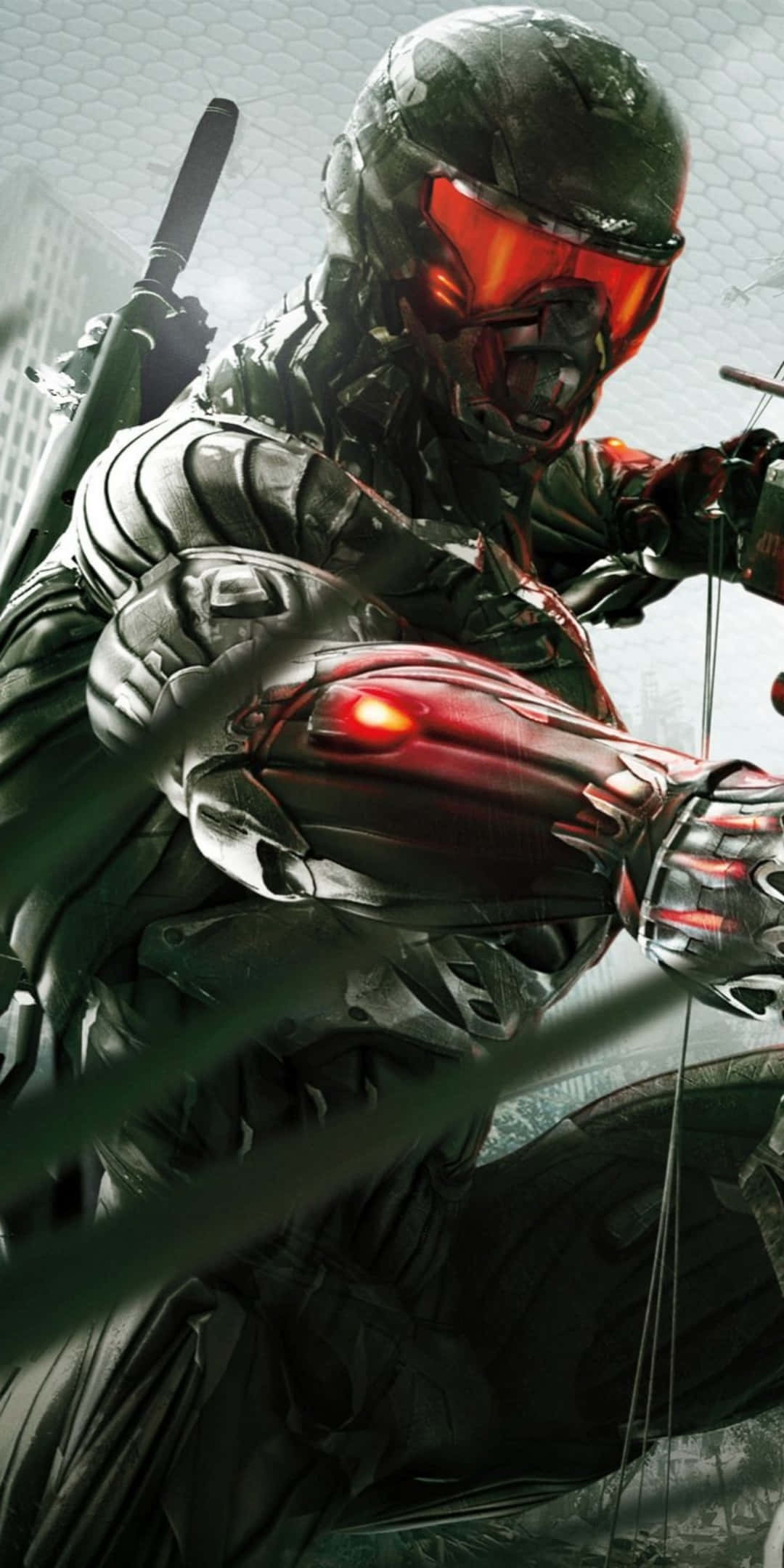 Pixel 3 Crysis 3 桌布 壁紙 — 一名身穿暗色盔甲、帶有發光紅色護目鏡和手臂的未來戰士，在模糊的城市背景下拉弓。