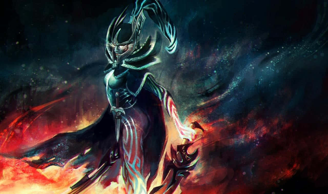 Dota 2 桌布 壁紙 — 一名身穿暗色盔甲、帶有發光藍色標記的戰士，站在旋轉的宇宙火焰中，背景是繁星點點的星雲。