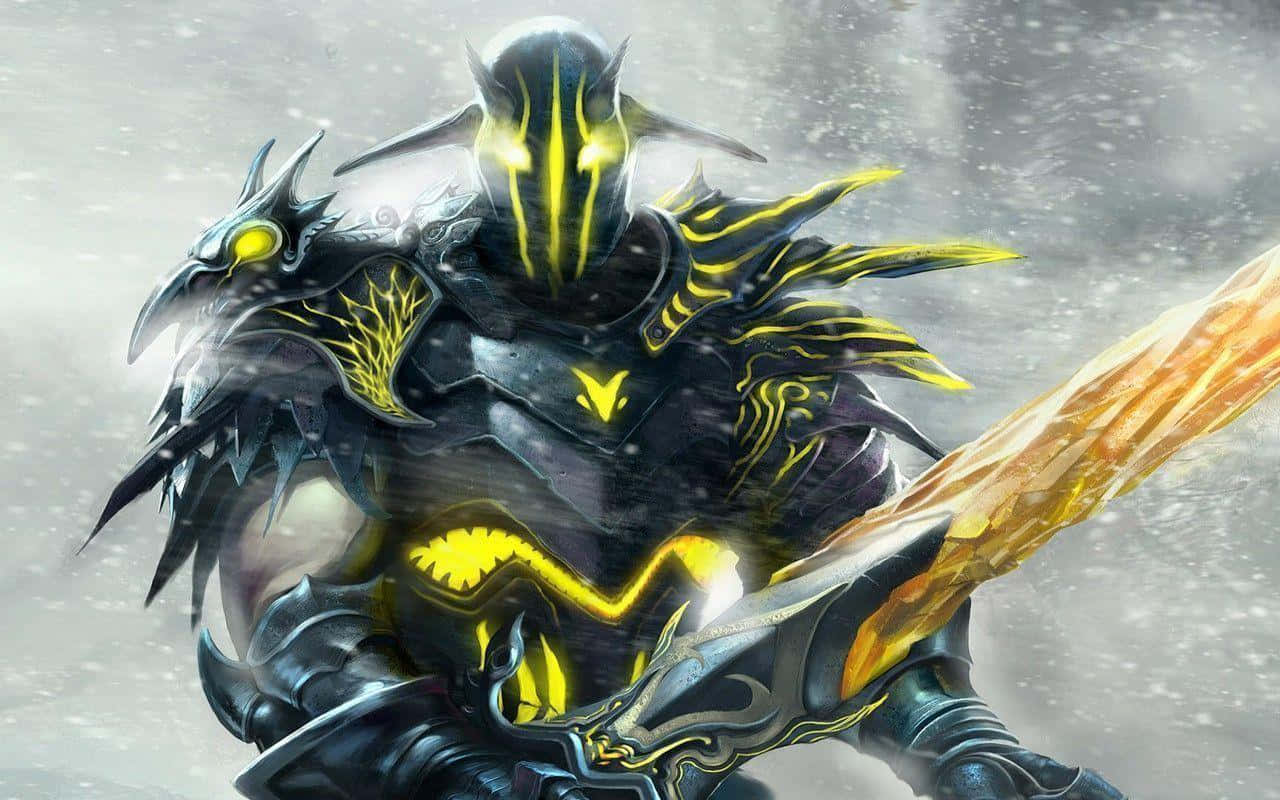 Death Knight 桌布 壁紙 — 一名身穿暗色盔甲、帶有發光黃色標記的戰士，在雪景背景下揮舞著一把火焰劍。