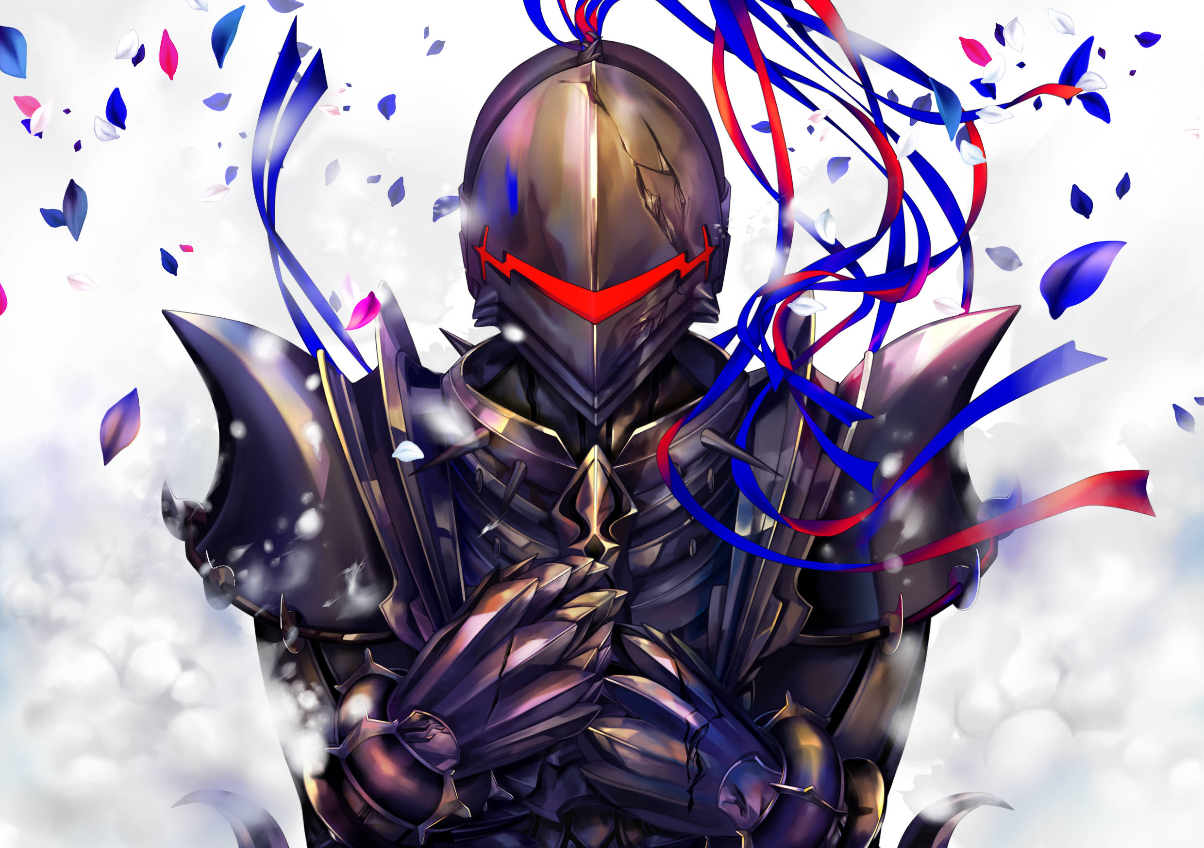 Fate Zero 桌布 壁紙 — 一名身穿暗色盔甲、戴紅色面罩的騎士，站在多雲的天空下，周圍環繞著旋轉的藍色和紅色絲帶以及飄落的花瓣。