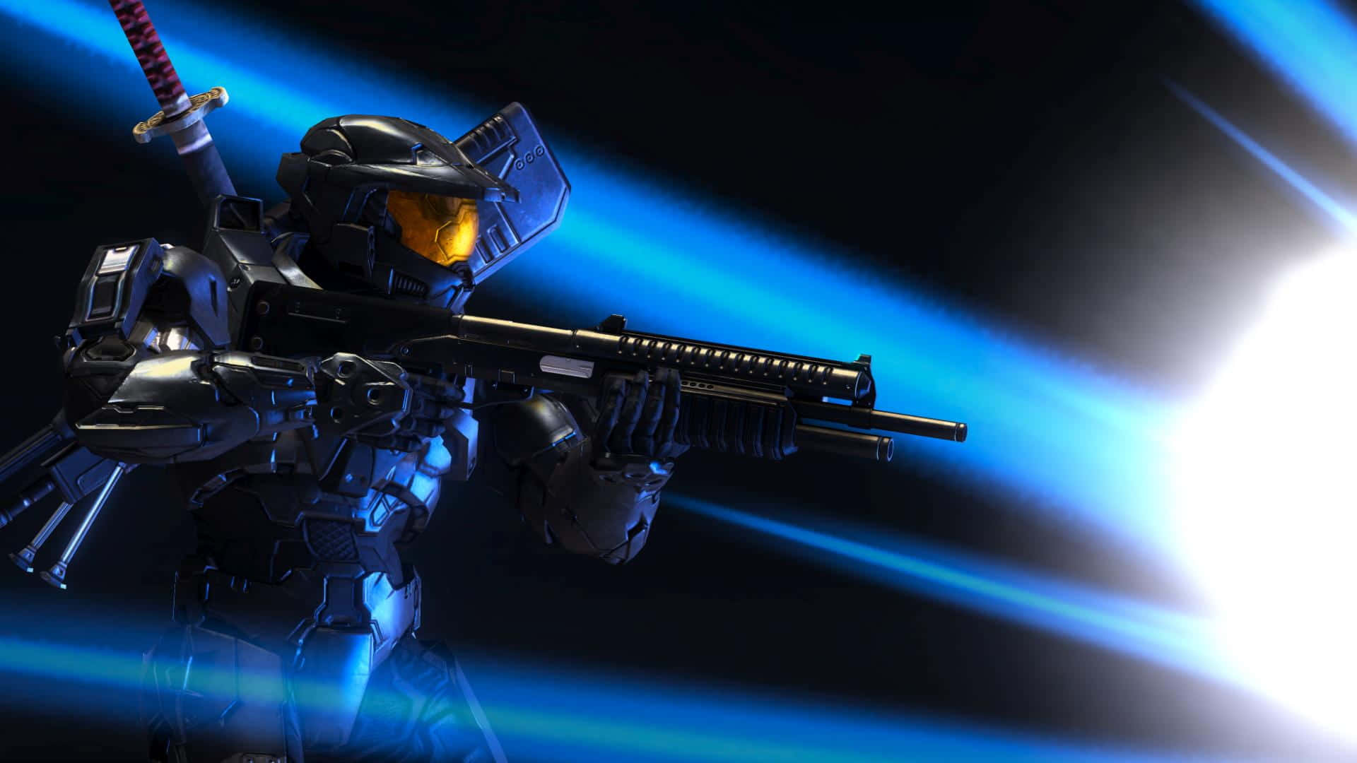 Halo 5 Blue Team 桌布 壁紙 — 一名身穿暗色盔甲、戴著發光橙色護目鏡的未來士兵，在動態藍色光條背景下持步槍。