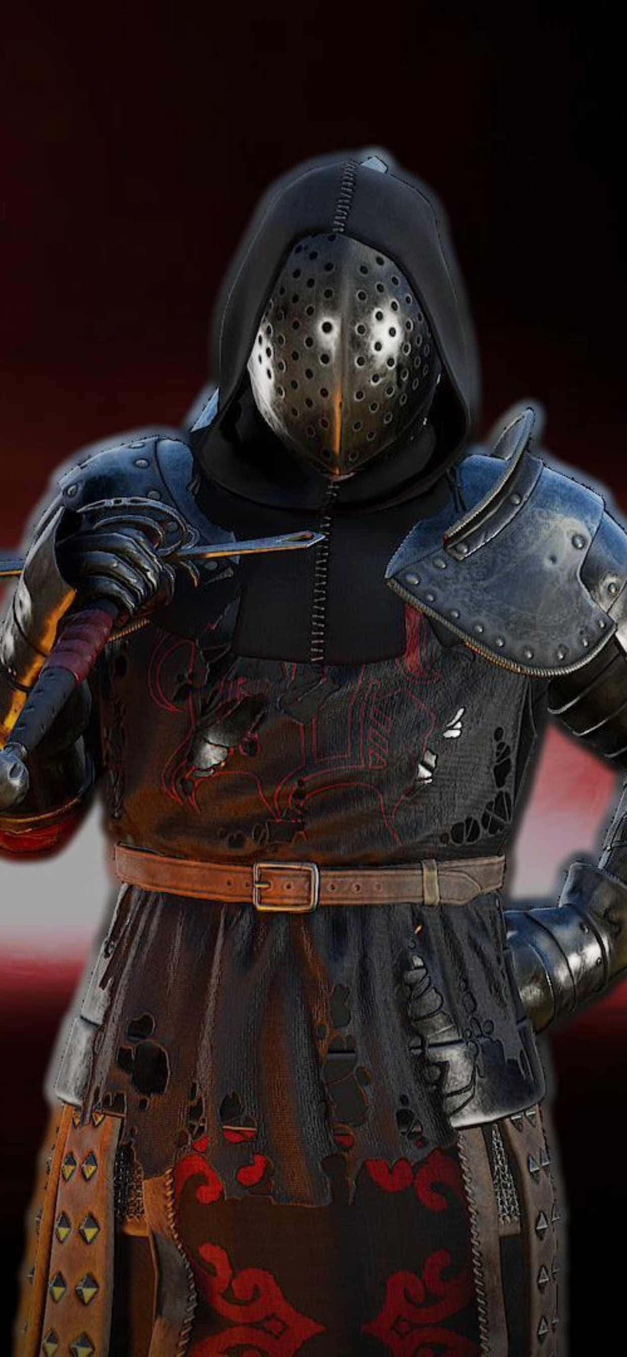 iPhone Xs Max Mordhau 桌布 壁紙 — 一名身穿暗色盔甲、戴著穿孔頭盔的騎士，在深紅色背景前持劍。