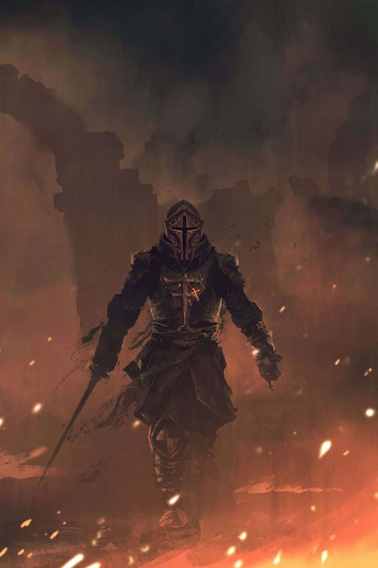 Crusader 桌布 壁紙 — 一名身穿暗色盔甲、戴著紅色十字面具的騎士，在陰沉天空下穿過熾熱的餘燼和煙霧。