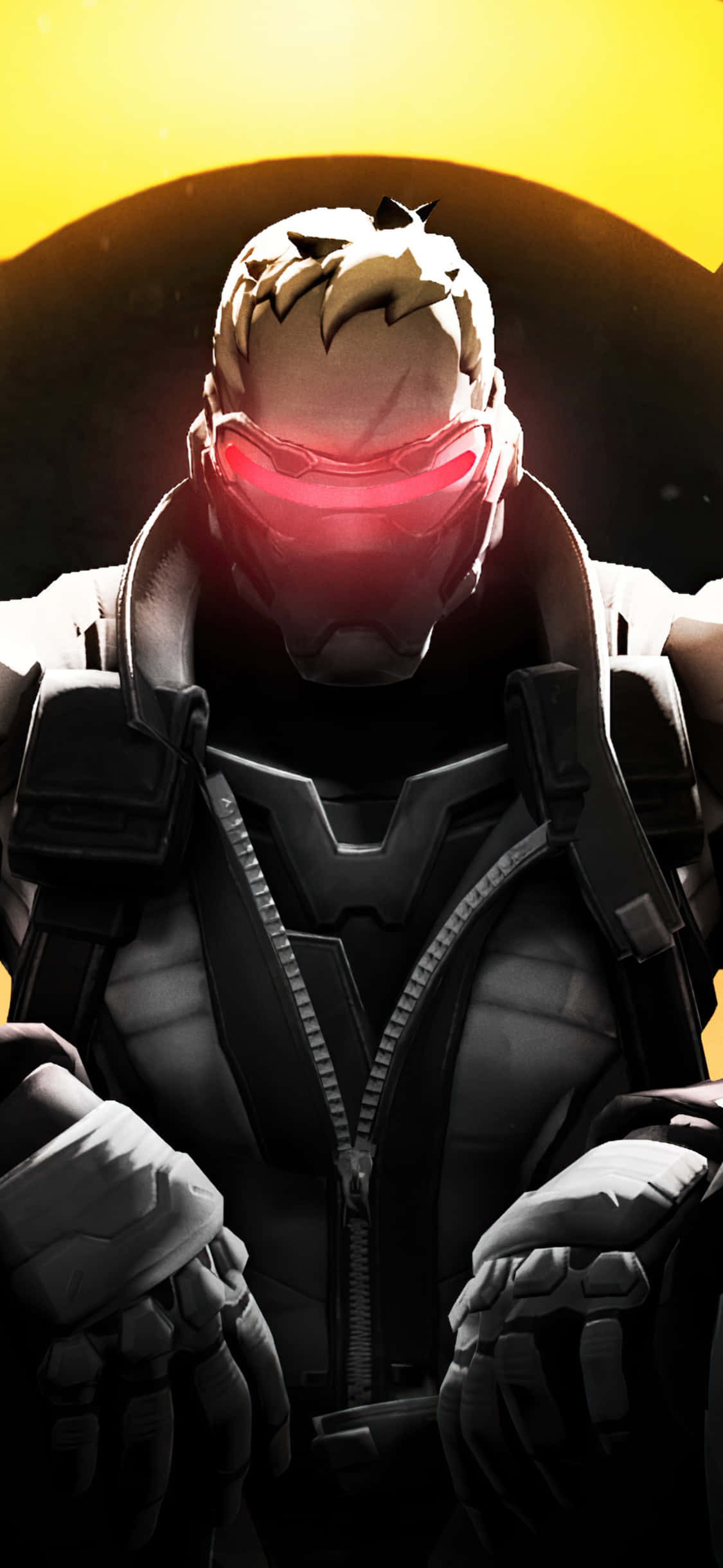 Soldier 76 桌布 壁紙 — 一名身穿暗色盔甲、戴著紅色發光面罩的機械戰士，站在燦爛的黃色太陽背景前。