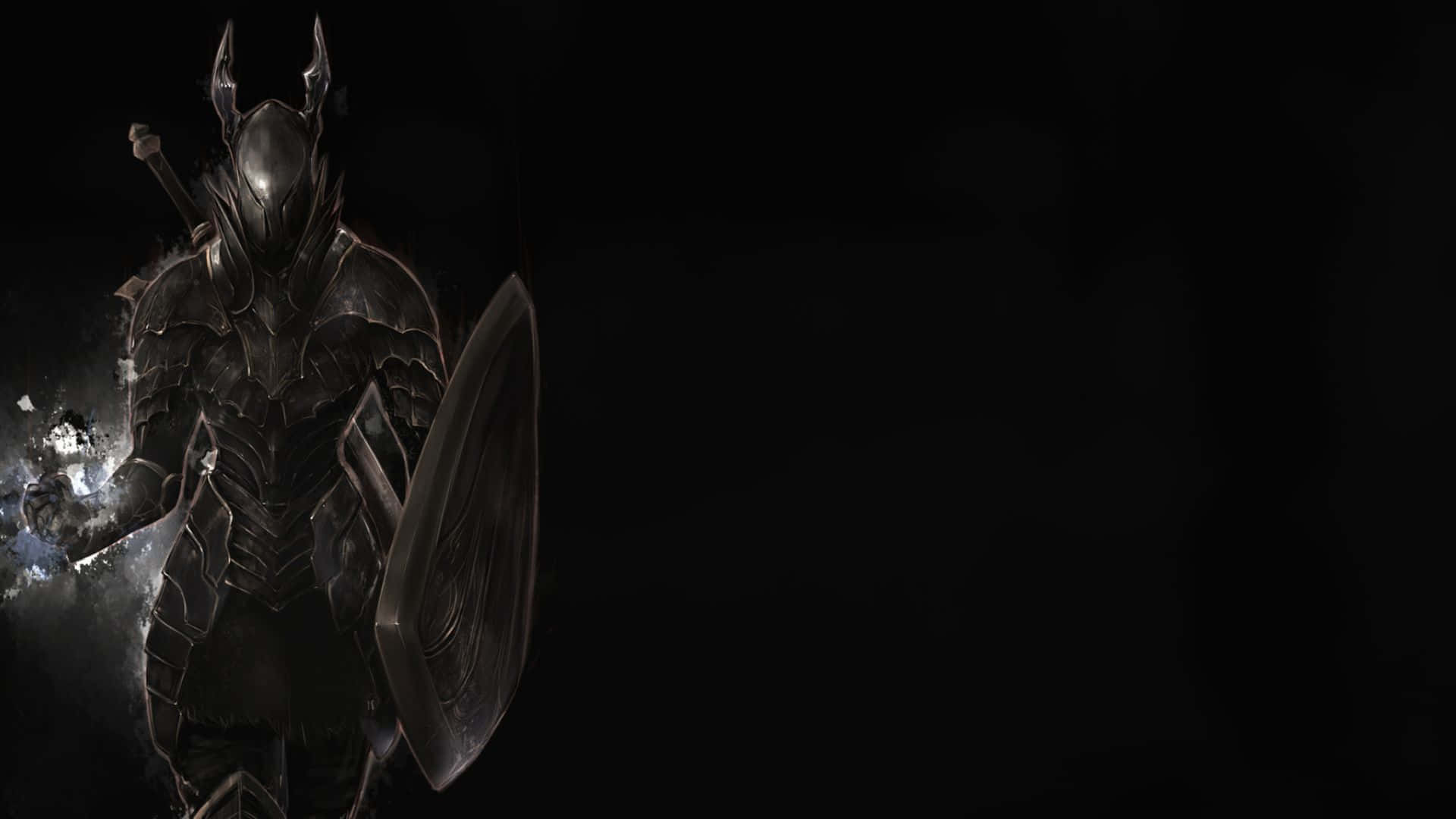 Dark Souls Black Knight 桌布 壁紙 — 一名身穿暗色盔甲、戴著角盔和盾牌的騎士站在黑色背景前，手中噴發出發光的魔法。