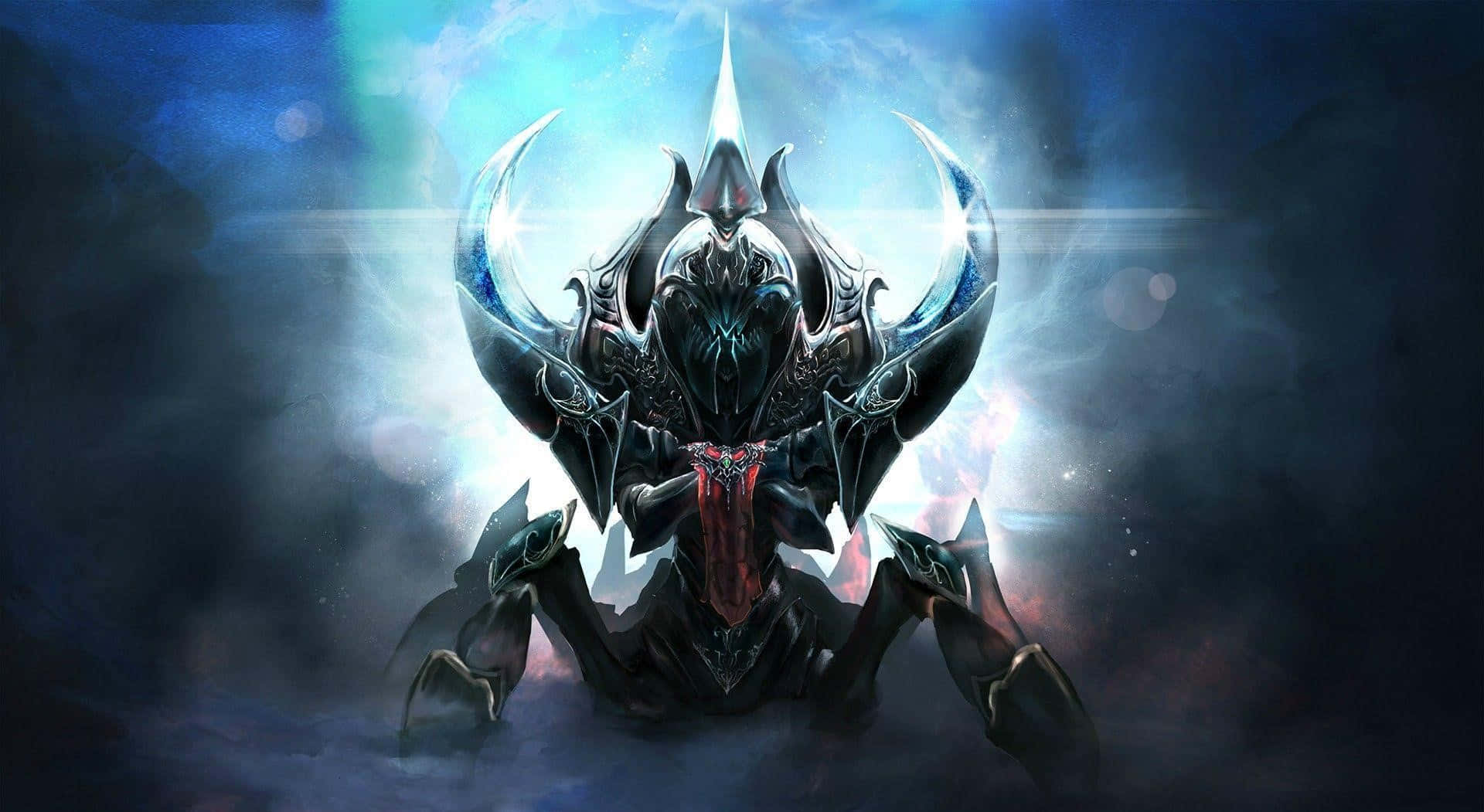 Dota 桌布 壁紙 — 一名身穿暗色盔甲、擁有發光藍色角和紅色點綴的戰士，從迷霧中出現，背景是光芒四射的宇宙。