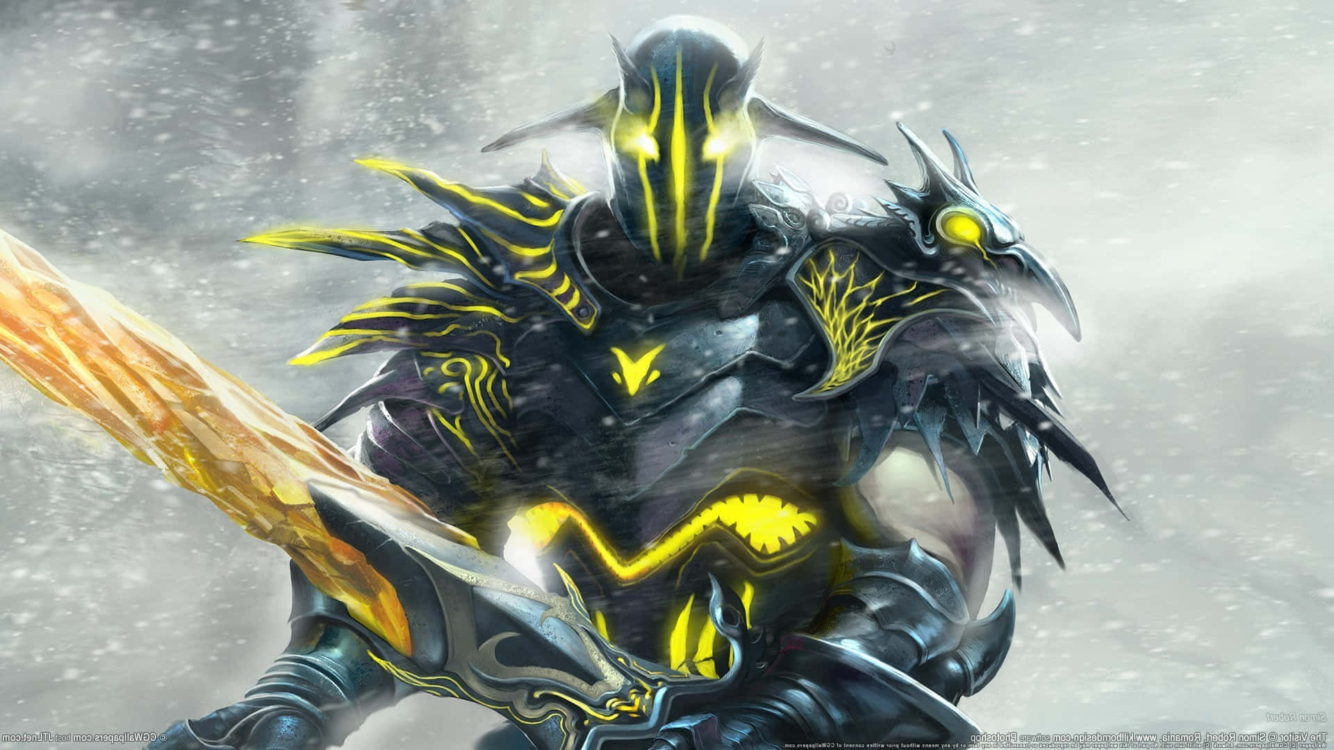 Dota 2 Juggernaut 桌布 壁紙 — 一名身穿暗色盔甲、擁有發光黃色眼睛和華麗盔甲的戰士，在雪地背景下揮舞著火焰劍。