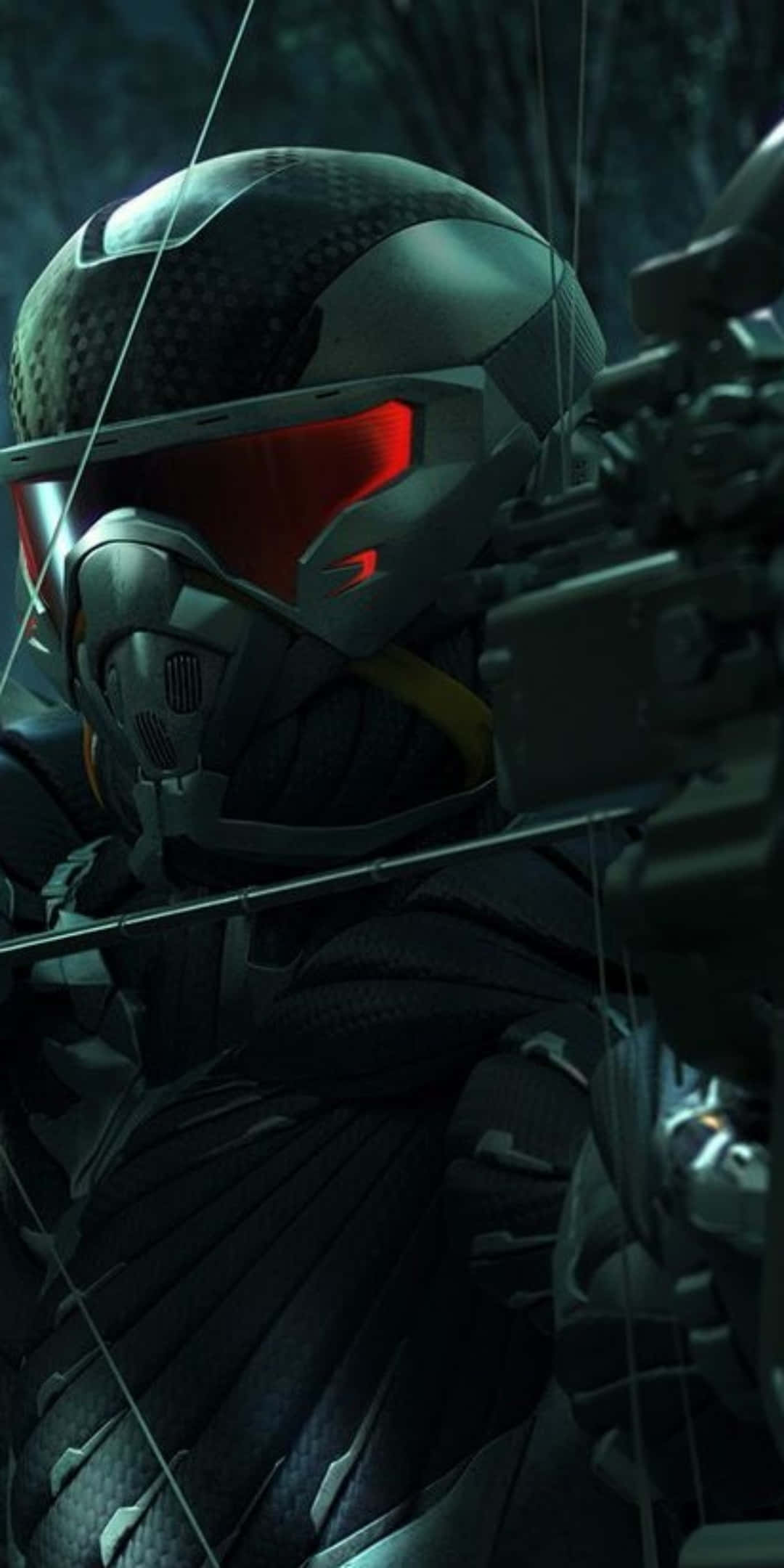 Pixel 3 Crysis 3 桌布 壁紙 — 一名身穿暗色盔甲、配備紅色發光護目鏡的未來戰士，在陰暗的森林中瞄準一把高科技弓。