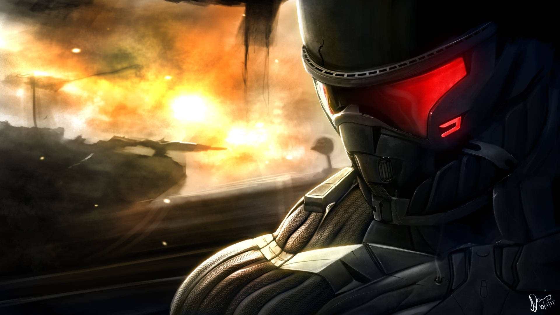 Crysis Warhead 桌布 壁紙 — 一名身穿暗色盔甲、配備紅色發光護目鏡的未來戰士直視前方，身後爆發猛烈火焰爆炸。