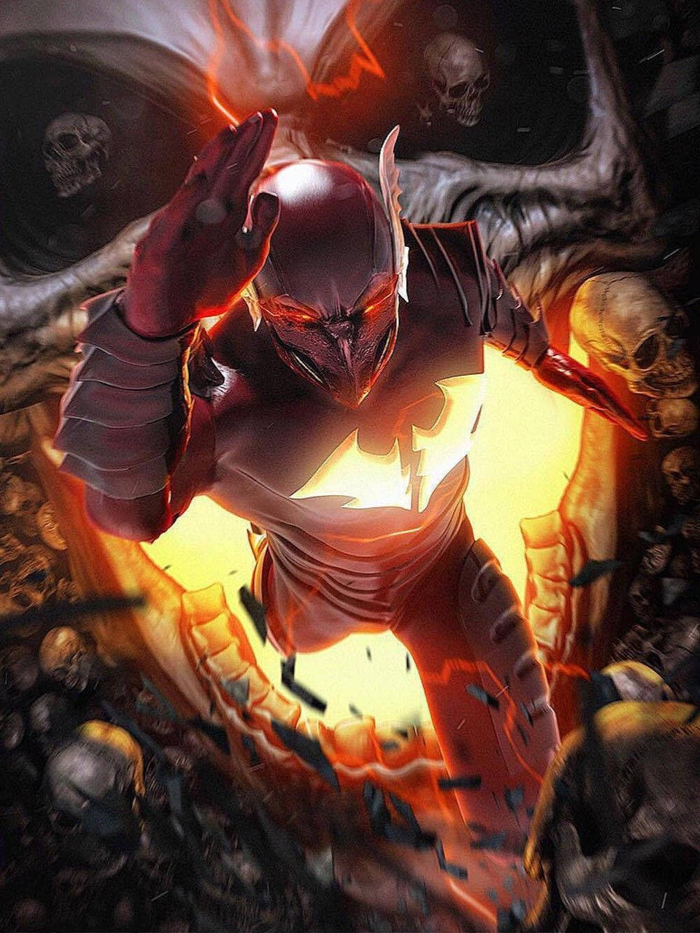Red Death 桌布 壁紙 — 一名身穿暗色盔甲、雙眼發出紅光的戰士從一個被骷髏和暗影翅膀包圍的火焰傳送門中出現。