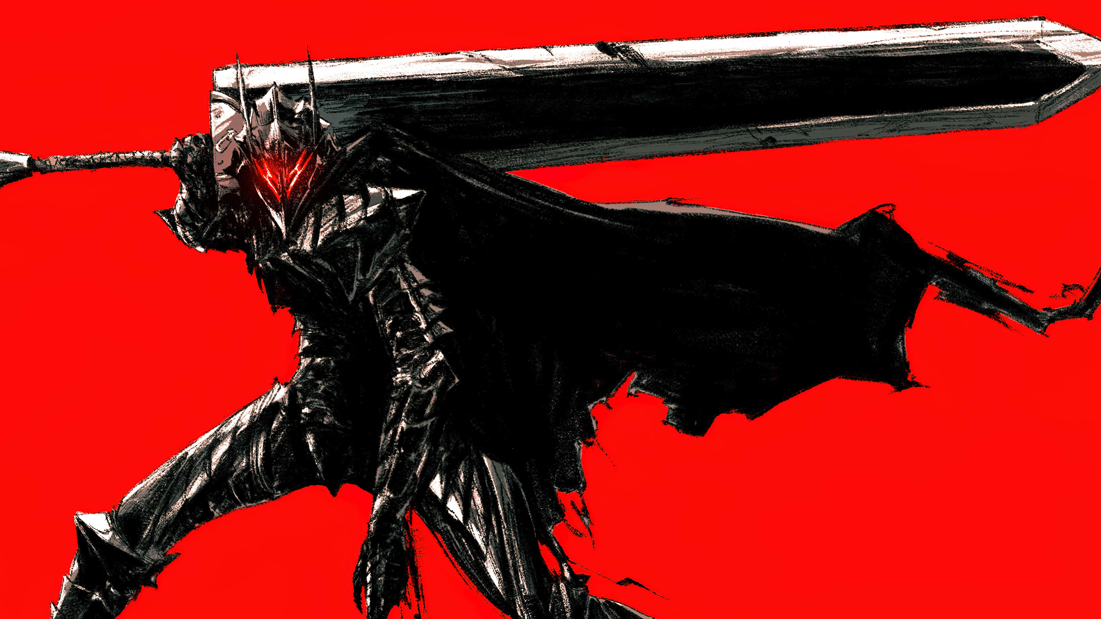 動漫 4K 桌布 壁紙 — 一名身穿暗色盔甲、雙眼發出紅光的戰士，在鮮紅色的背景下揮舞著一把巨劍。