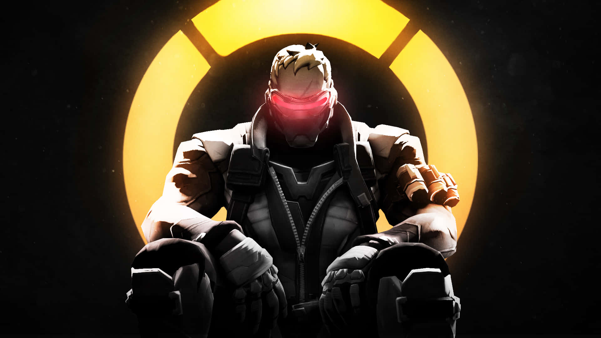 Soldier 76 桌布 壁紙 — 一名身穿暗色盔甲、雙眼發出紅光的未來戰士，坐在黑色虛空前一個光芒四射的黃色圓形標誌前。