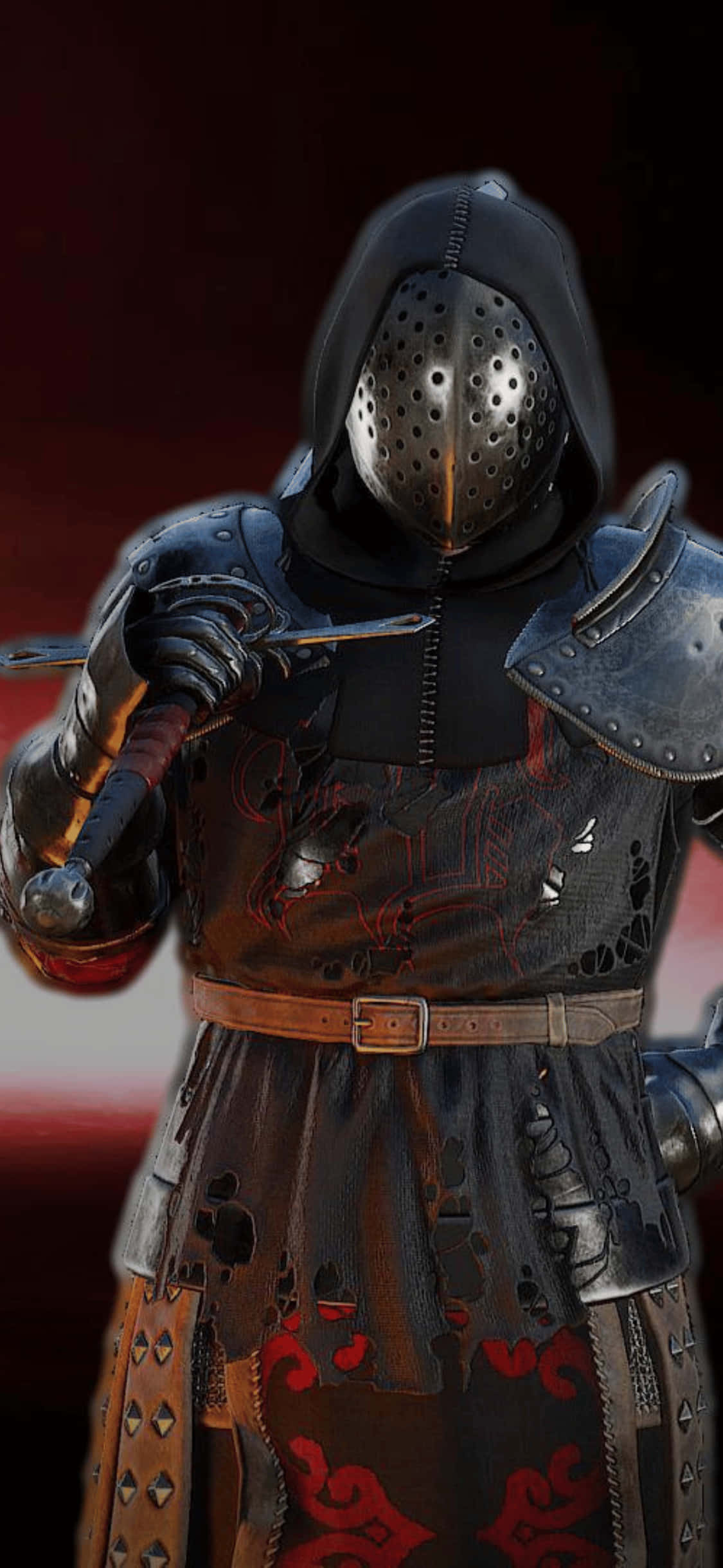 iPhone Xs Mordhau 桌布 壁紙 — 一名身穿暗色盔甲、頭戴穿孔頭盔的騎士，在深紅色背景下手持一把劍。