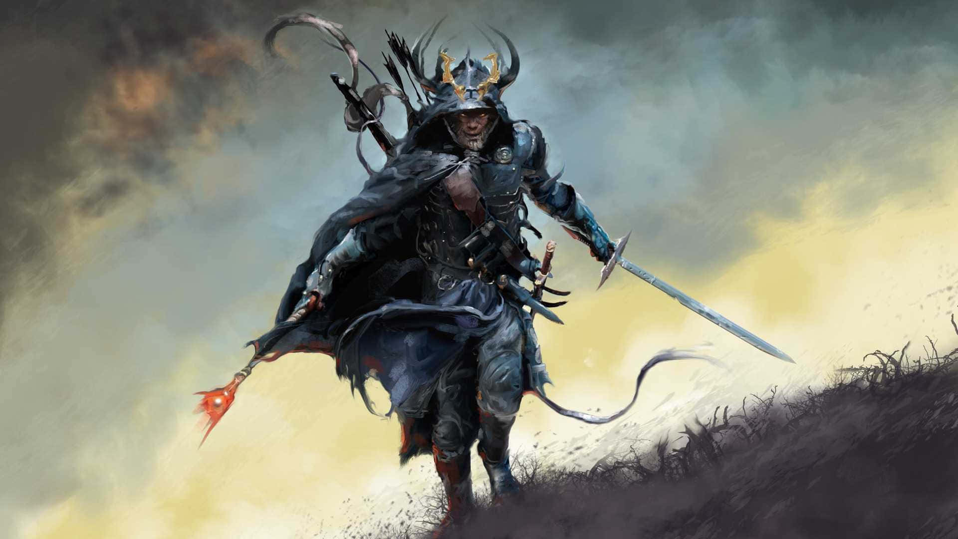 47 Ronin 桌布 壁紙 — 一名身穿暗色盔甲、頭戴角盔、披風飄揚的戰士，在暴風雨的天空背景下揮劍衝鋒。