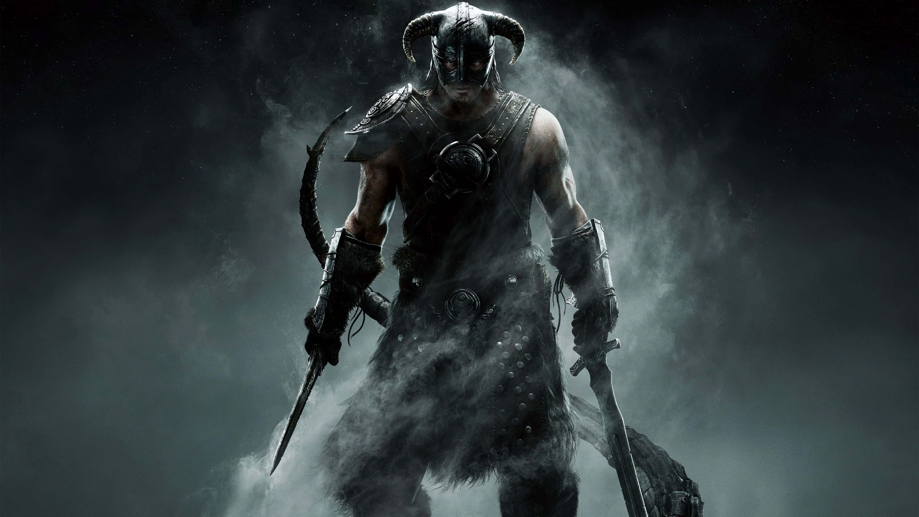 All Games 桌布 壁紙 — 一名身穿暗色盔甲、頭戴角盔的戰士，在迷霧陰影中威風凜凜地手持雙刃。