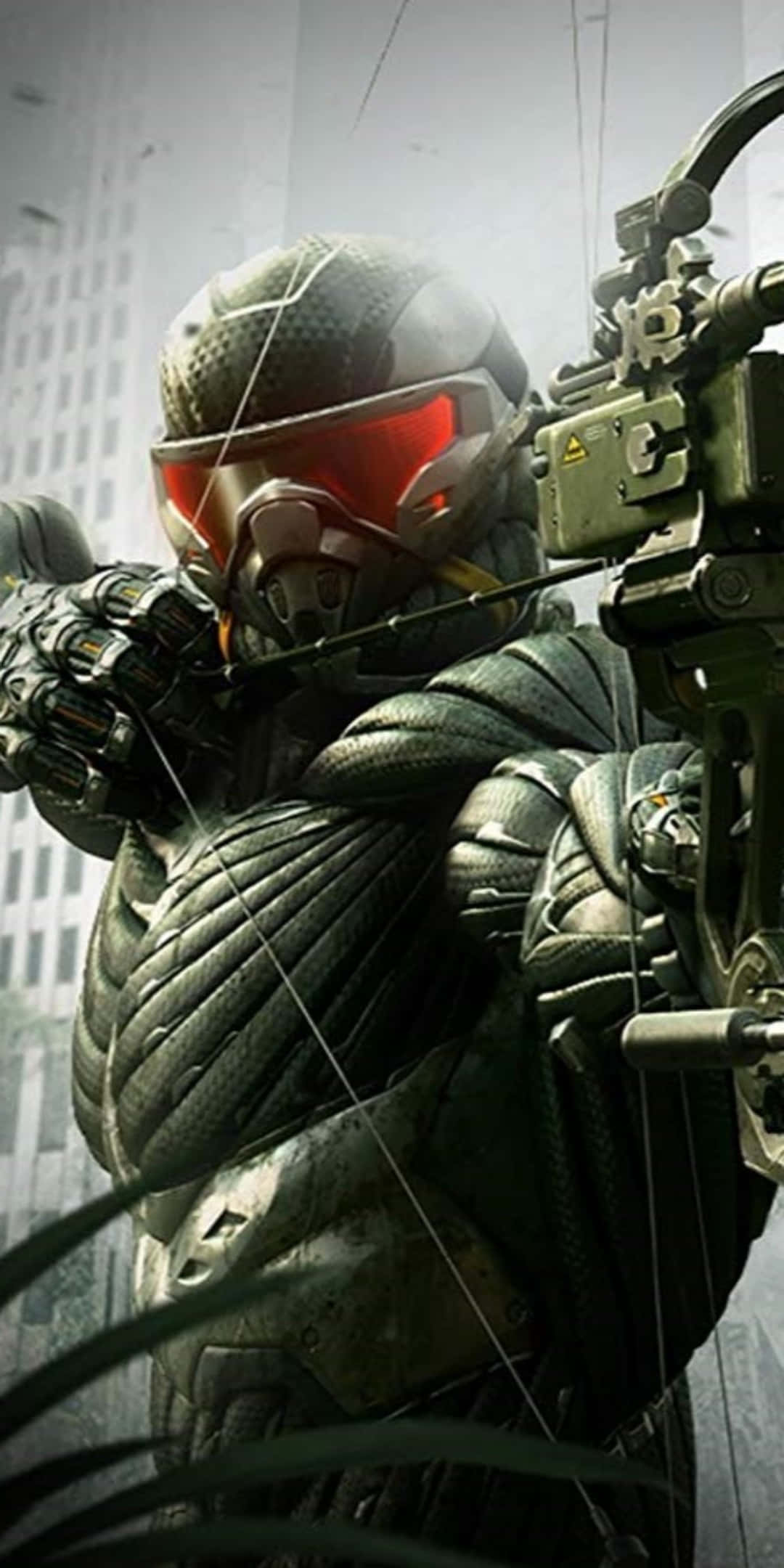 Pixel 3 Crysis 3 桌布 壁紙 — 一名身穿暗色盔甲和紅色護目鏡的未來戰士，正用高科技弓瞄準模糊的城市天際線。