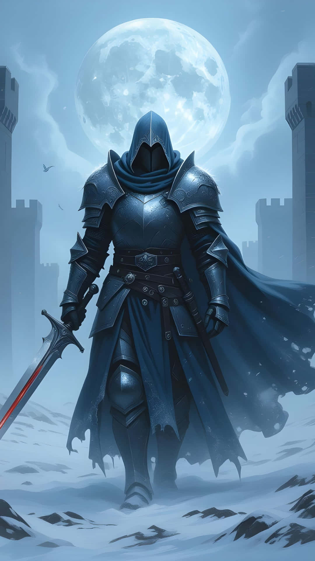 The Moonlit Guardian 壁紙 — 一名身穿暗色盔甲的兜帽騎士站在雪地中，背景是霧氣繚繞的城堡塔樓和一輪巨大的月亮。