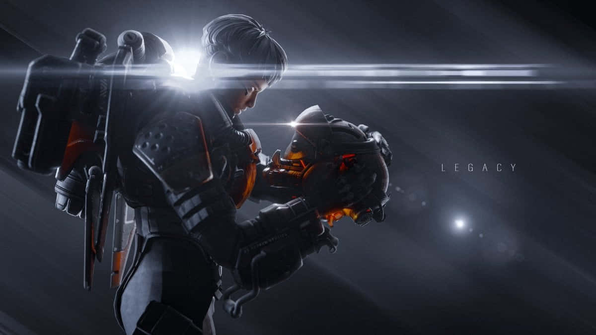 一名身穿未來盔甲的士兵在強光下手持發光頭盔。 — Apex 英雄 GIF 壁紙