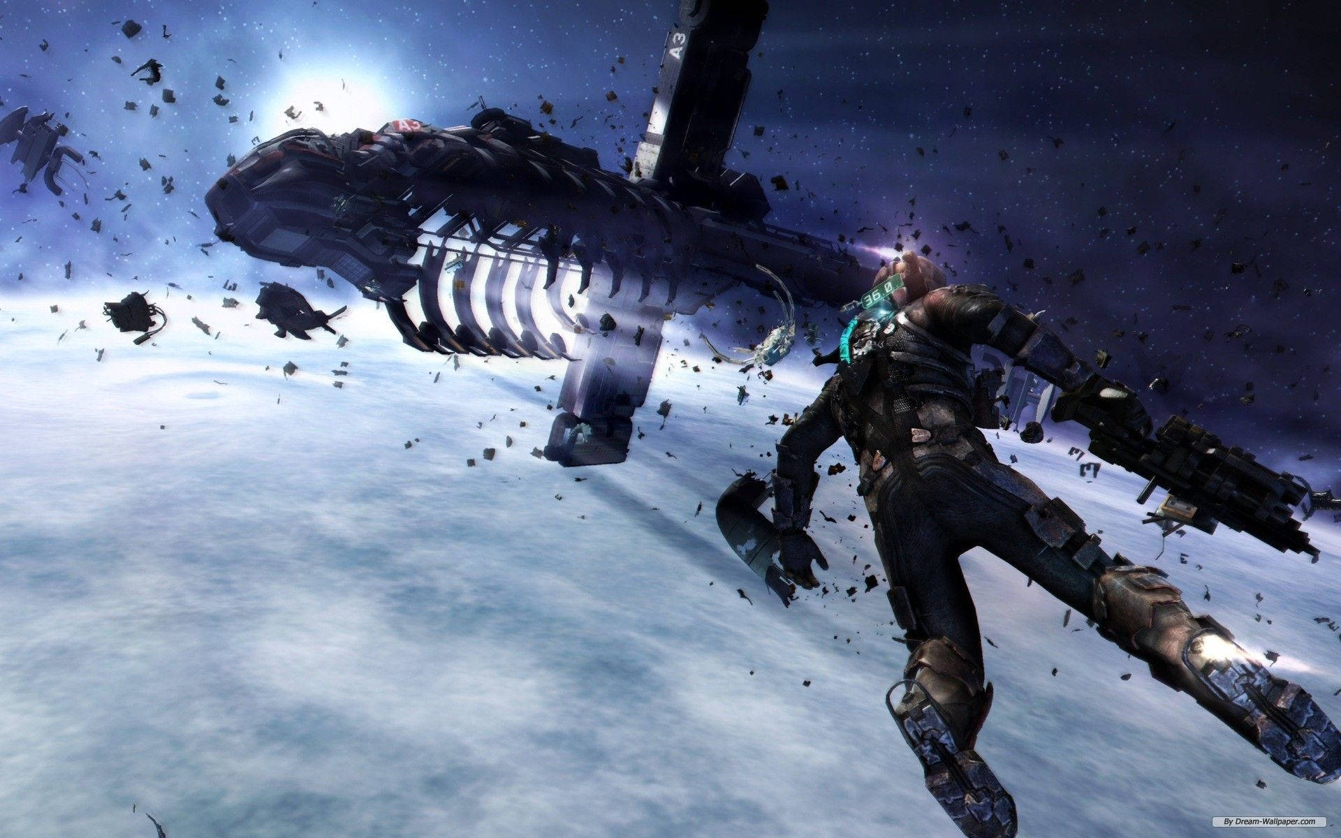 太空士兵在太空船爆炸後於星際虛空中漂流穿過碎片 — 絕命異次元 GIF 壁紙