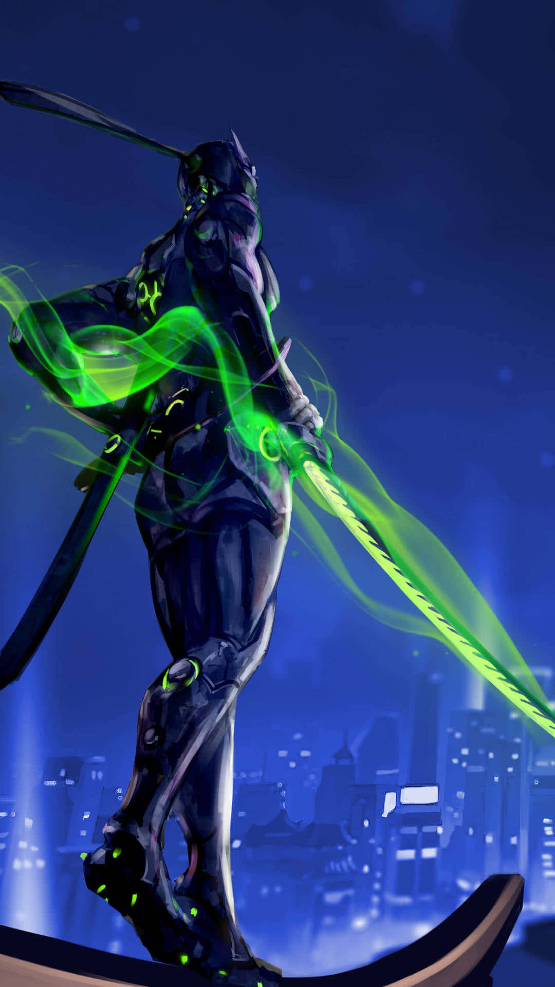 Overwatch Genji 桌布 壁紙 — 一名身穿暗色盔甲的戰士在夜晚揮舞著發光的綠色劍，背景是霓虹燈點亮的城市天際線。