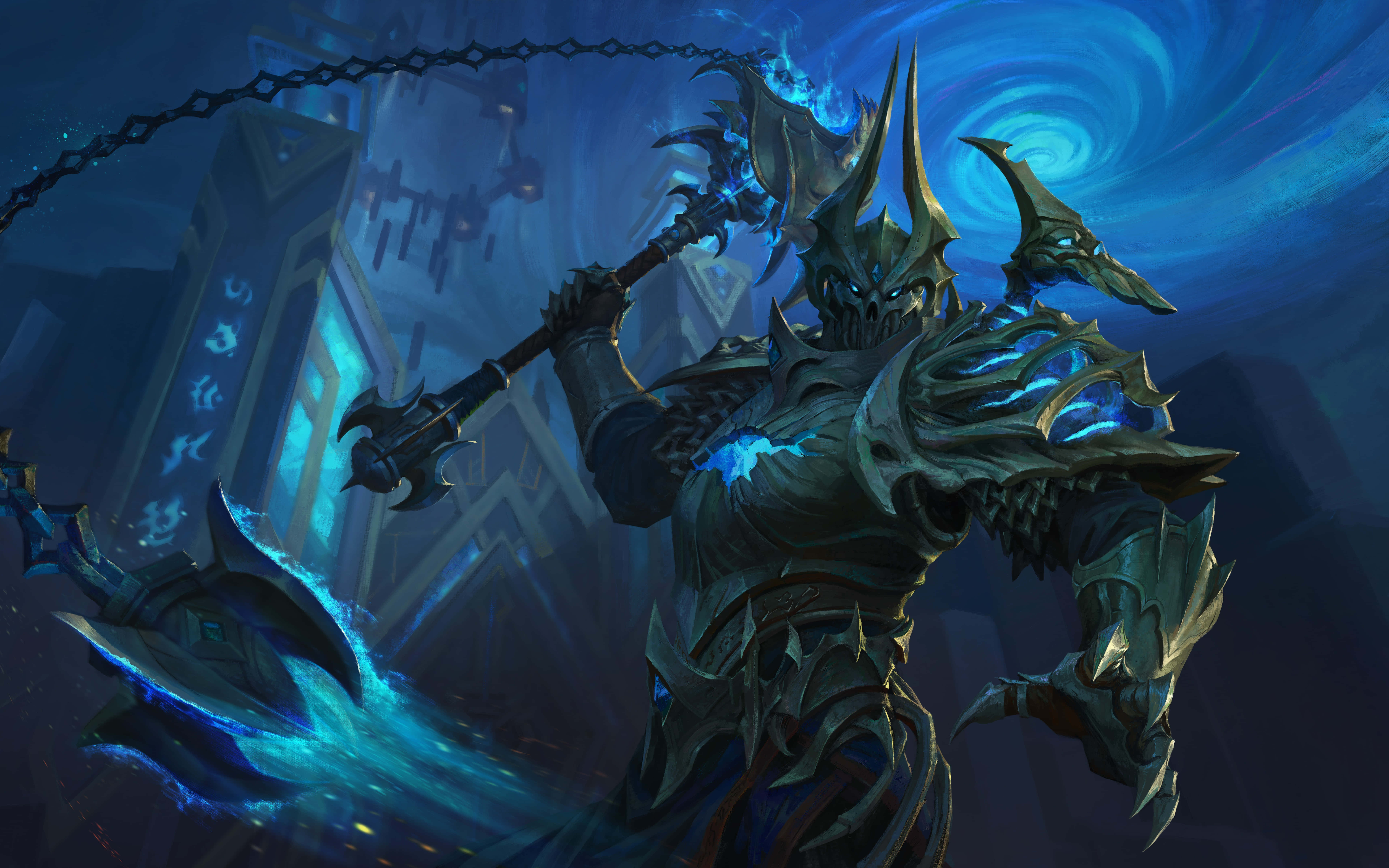 World Of Warcraft Shadowlands 桌布 壁紙 — 一名身穿暗色盔甲的戰士在旋轉的宇宙背景下揮舞著發光的藍色鏈條武器。