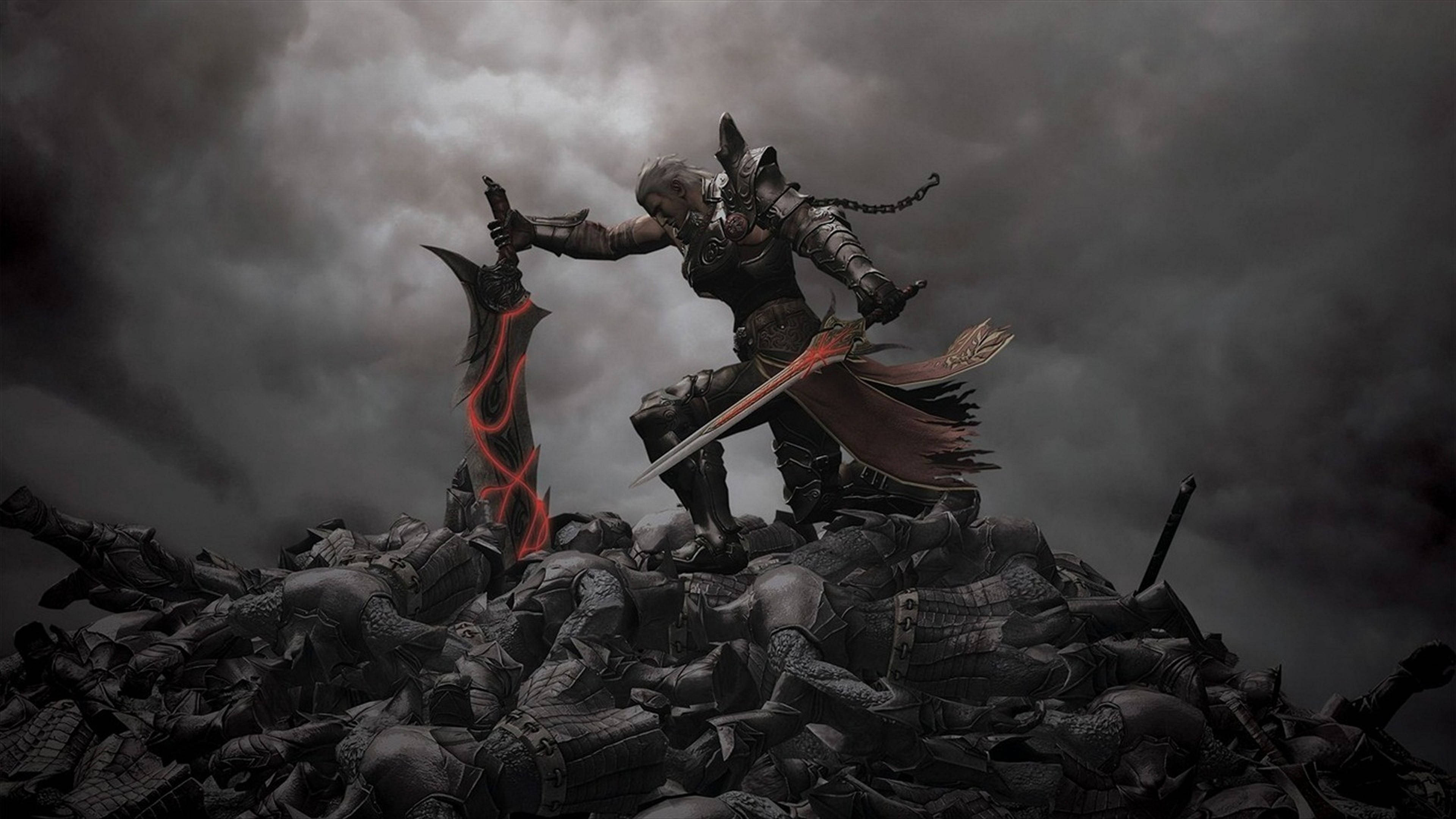 PC 遊戲 桌布 壁紙 — 一名身穿暗色盔甲的戰士在暴風雨灰濛濛的天空下，勝利地站在一堆倒下的敵人之上。