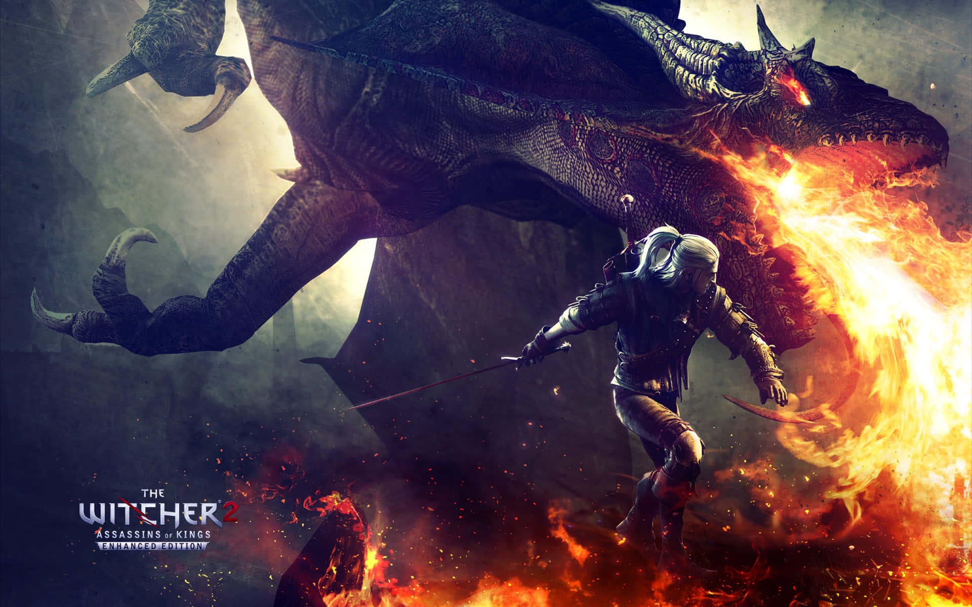 Witcher 桌布 壁紙 — 一名身穿暗色盔甲的戰士在爆炸性的火焰和煙霧中與一隻巨大的噴火龍戰鬥。