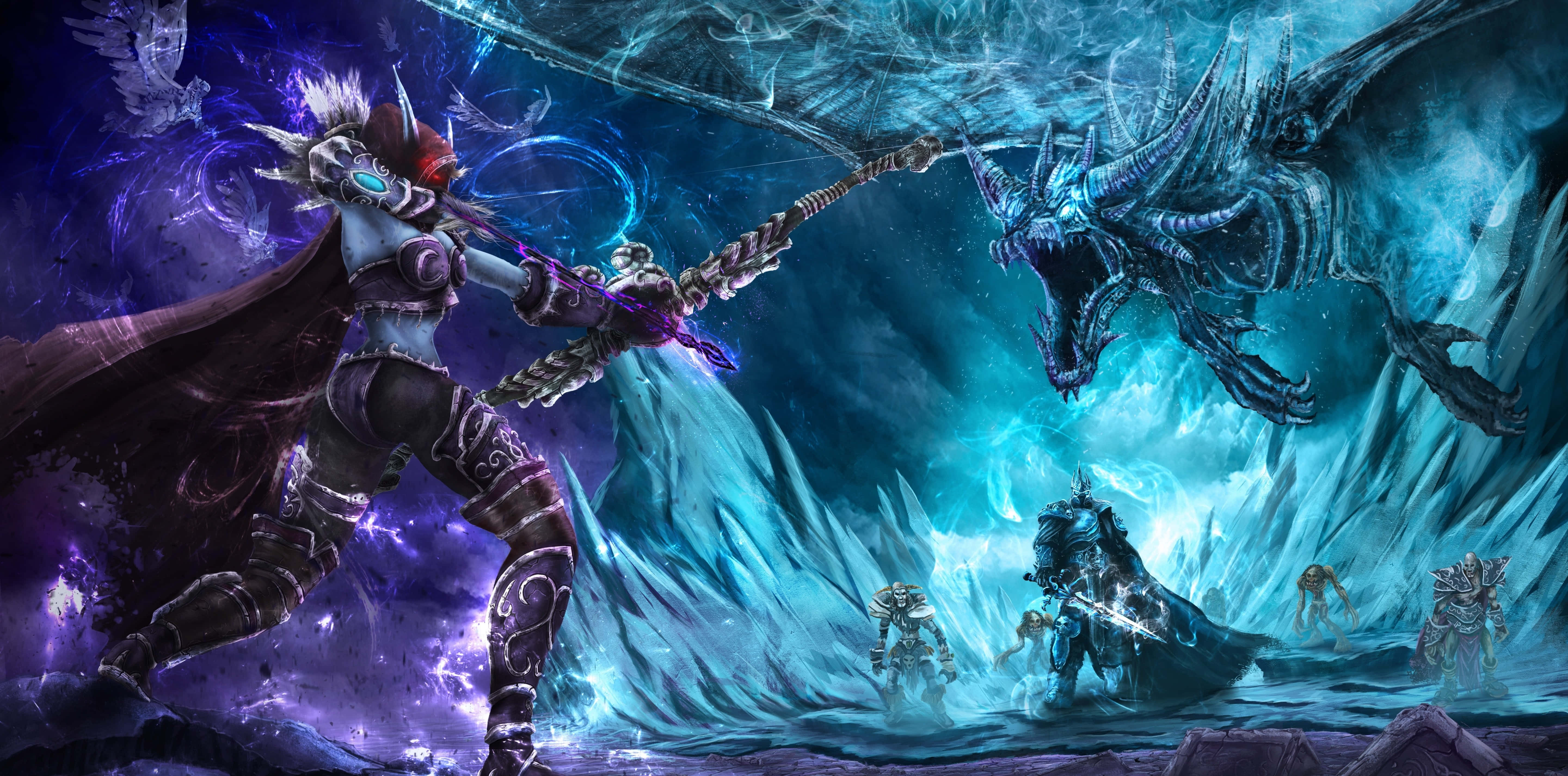 Sylvanas Windrunner 桌布 壁紙 — 一名身穿暗色盔甲的戰士在發光的藍色水晶和紫色能量中與巨大的冰龍戰鬥的奇幻戰鬥場景。