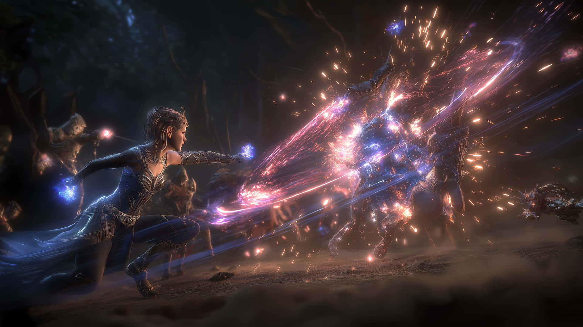 Sorceress in Battle 壁紙 — 一名身穿暗色盔甲的戰士在神秘森林的夜晚釋放出發光的藍色能量爆炸。
