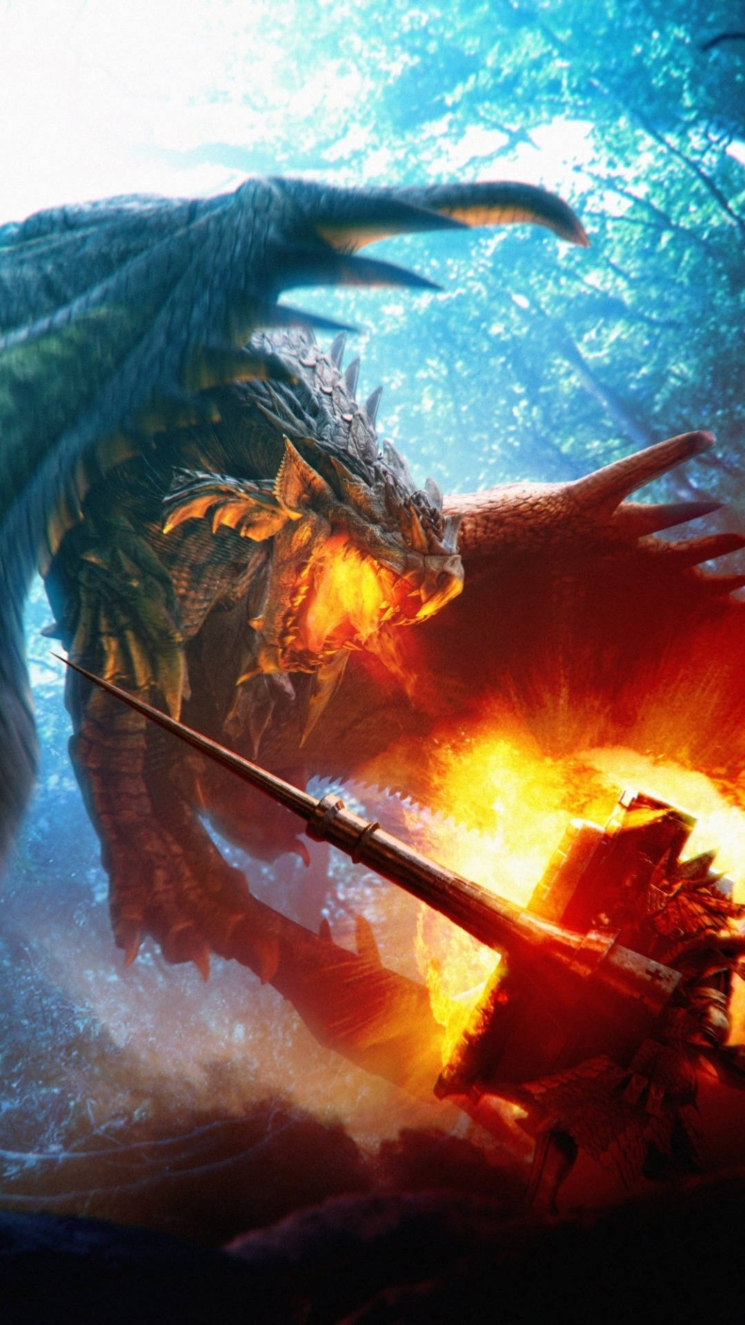 Monster Hunter Phone 桌布 壁紙 — 一名身穿暗色盔甲的戰士在陽光明媚的森林中與一隻噴火的巨大綠色巨龍戰鬥。